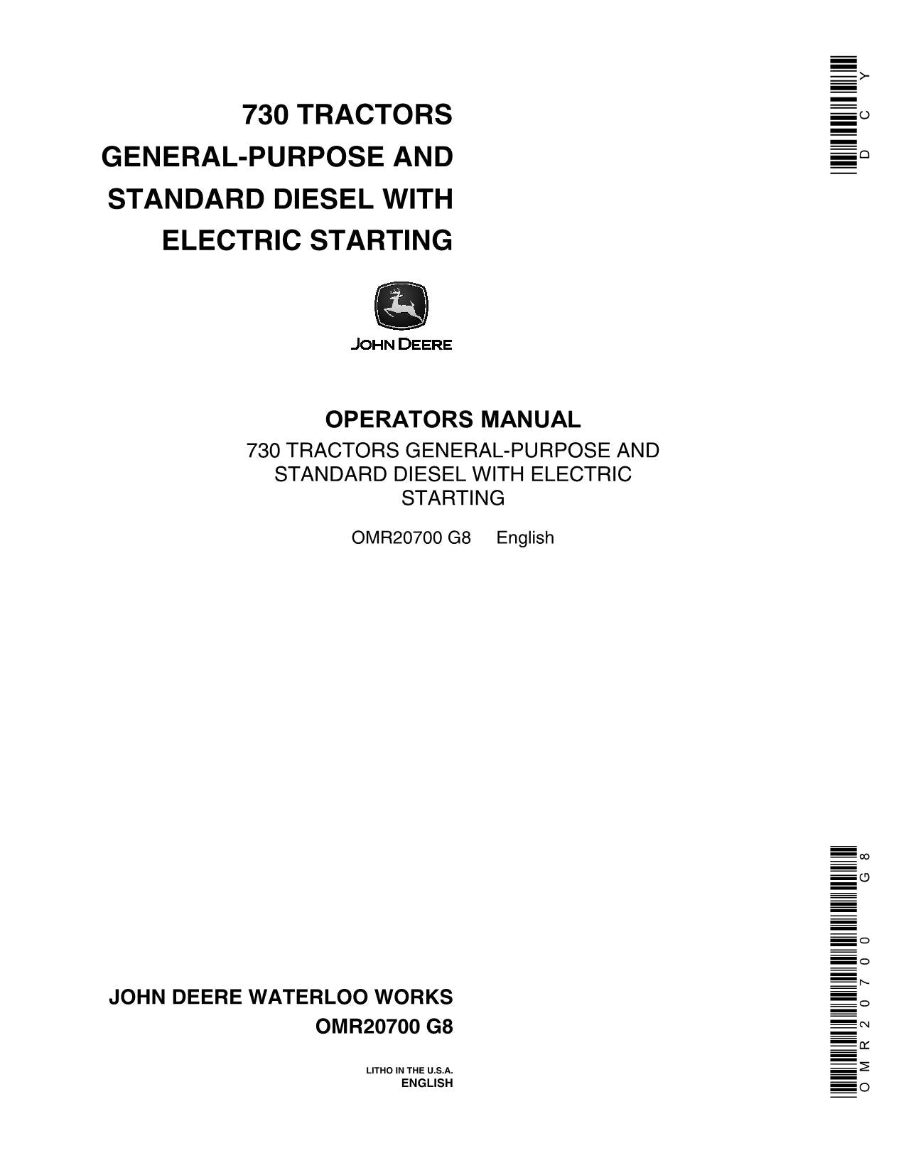 JOHN DEERE 730 TRACTOR OPERATORS MANUAL NORTH AMERIC