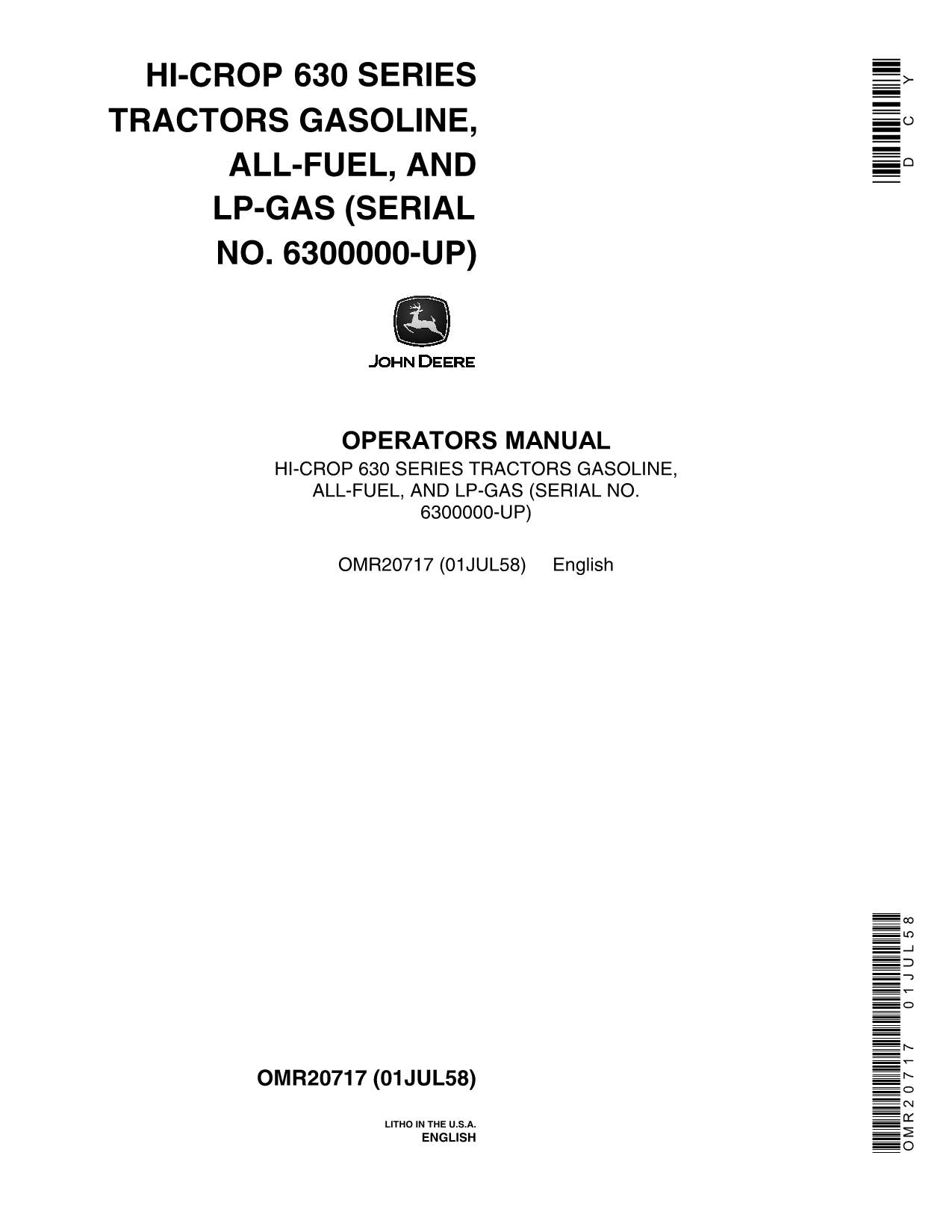 MANUEL D'UTILISATION DU TRACTEUR JOHN DEERE 630 OMR20717