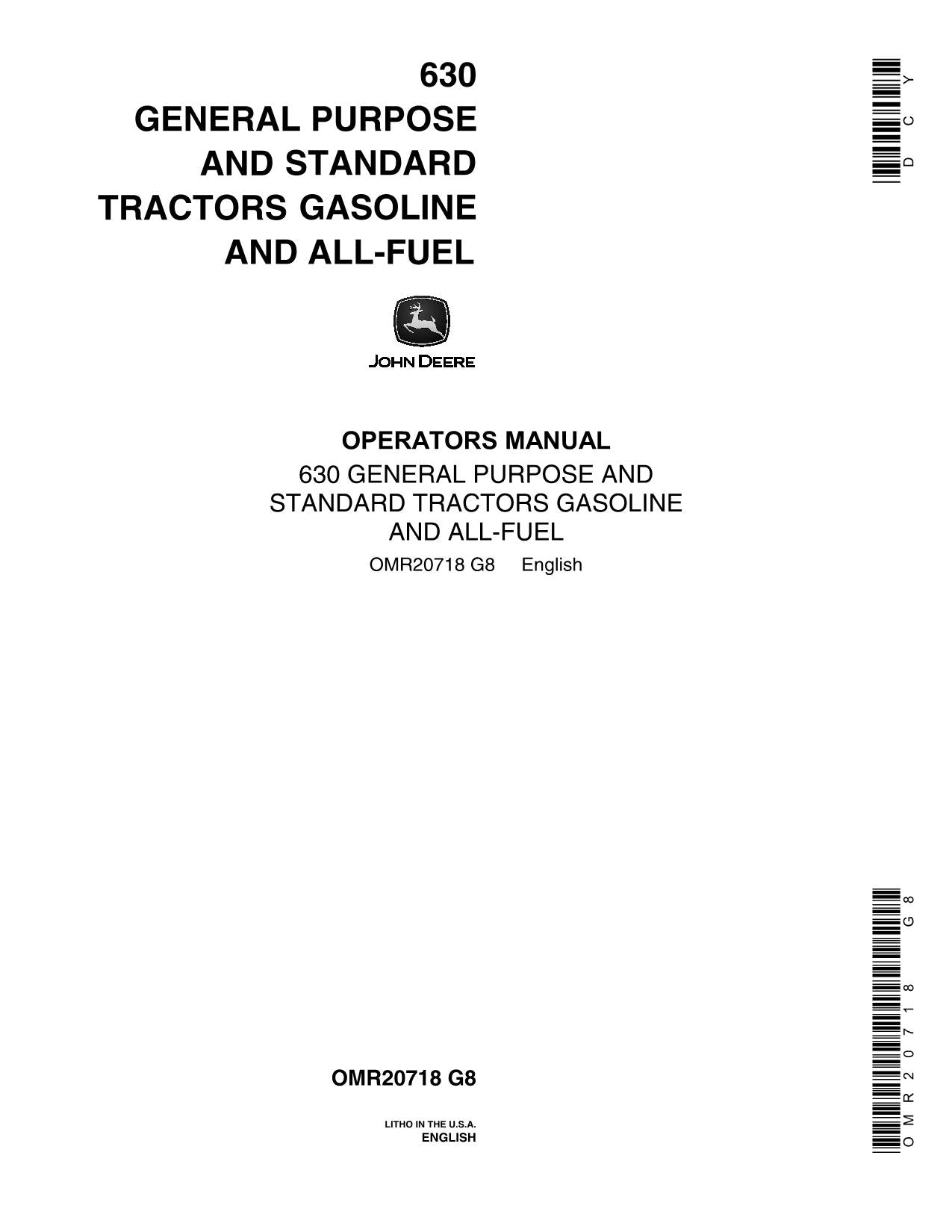 JOHN DEERE 630 TRACTOR OPERATORS MANUAL OMR20718