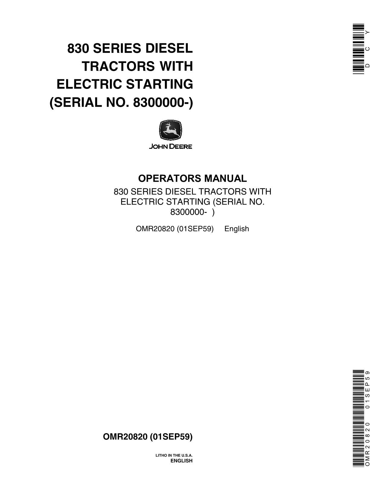 JOHN DEERE 830 TRACTOR OPERATORS MANUAL S.N. 8300000-