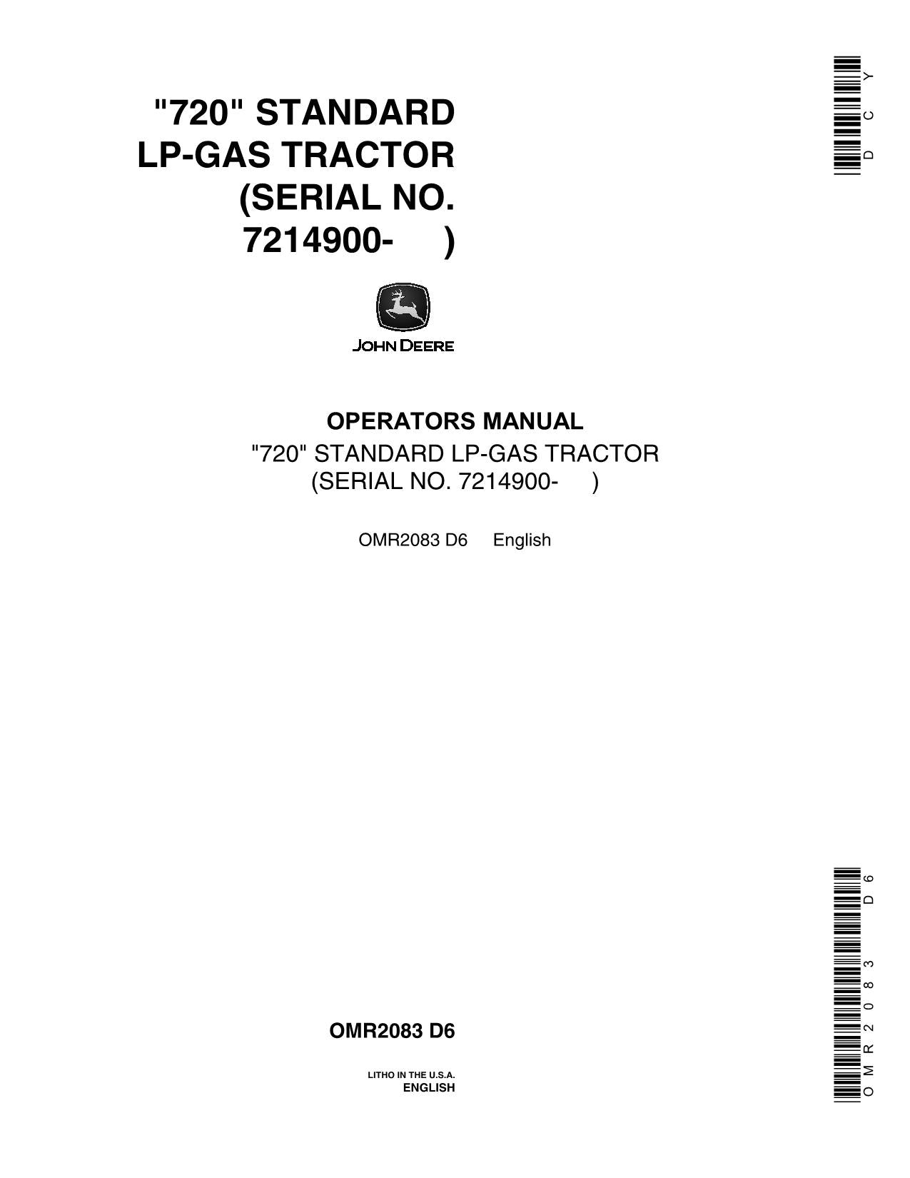 MANUELS D'UTILISATION DU TRACTEUR JOHN DEERE 720.N. 7214900-