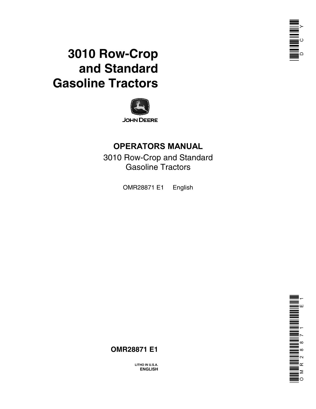 MANUEL D'UTILISATION DU TRACTEUR JOHN DEERE 3010 OMR28871