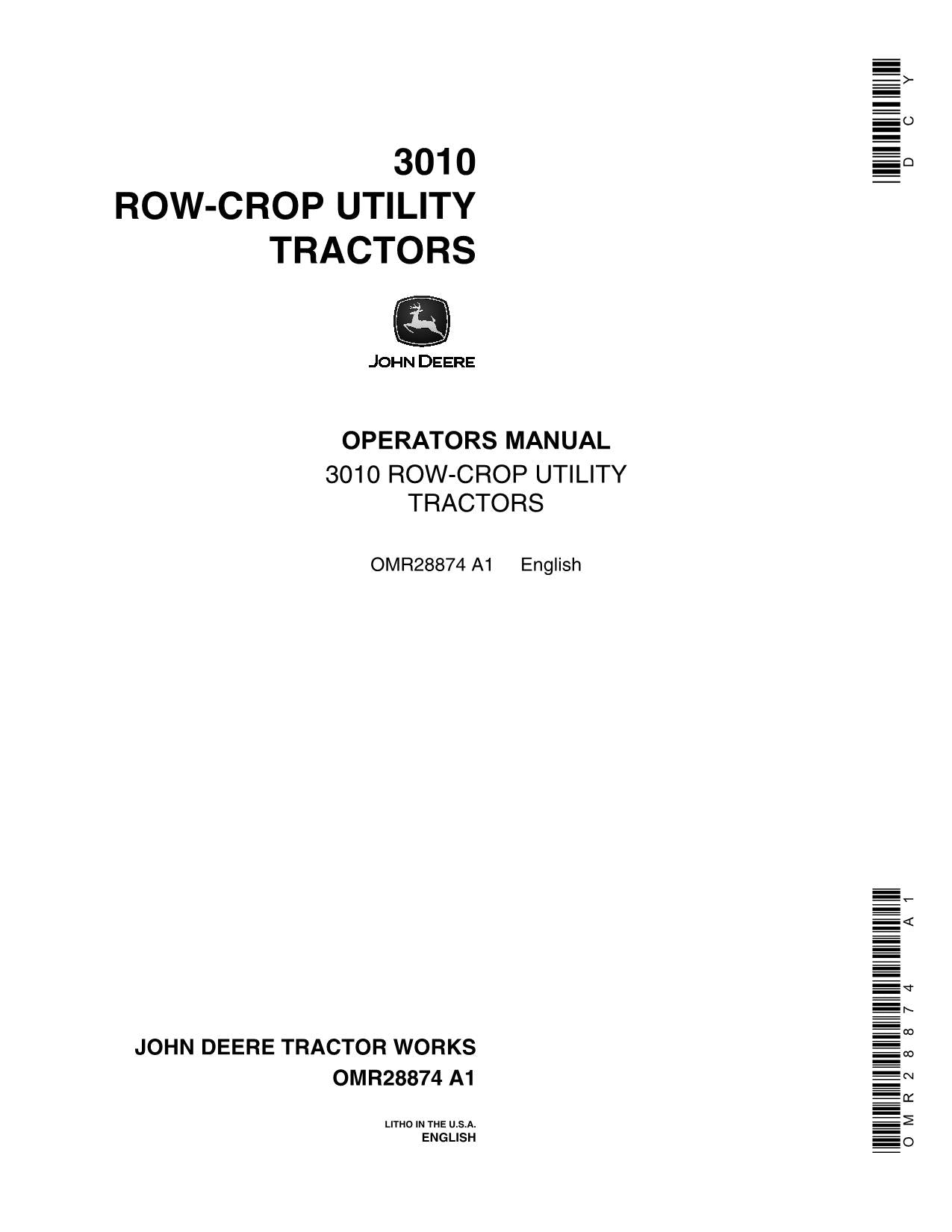 JOHN DEERE 3010 ROW CROP UTIILITY GAS TRACTOR OPERATORS MANUAL North America