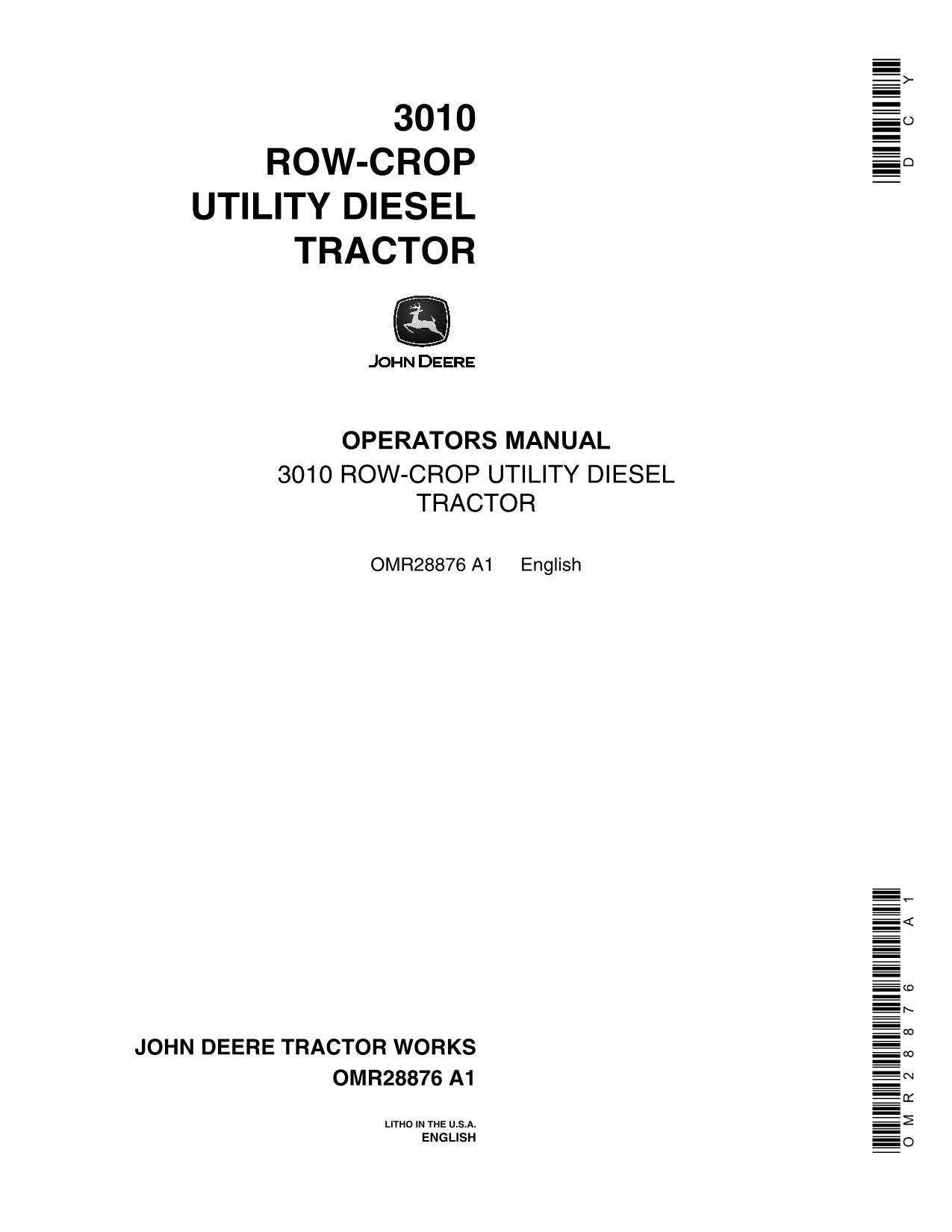 MANUEL D'UTILISATION DU TRACTEUR DIESEL JOHN DEERE 3010 OMR28876