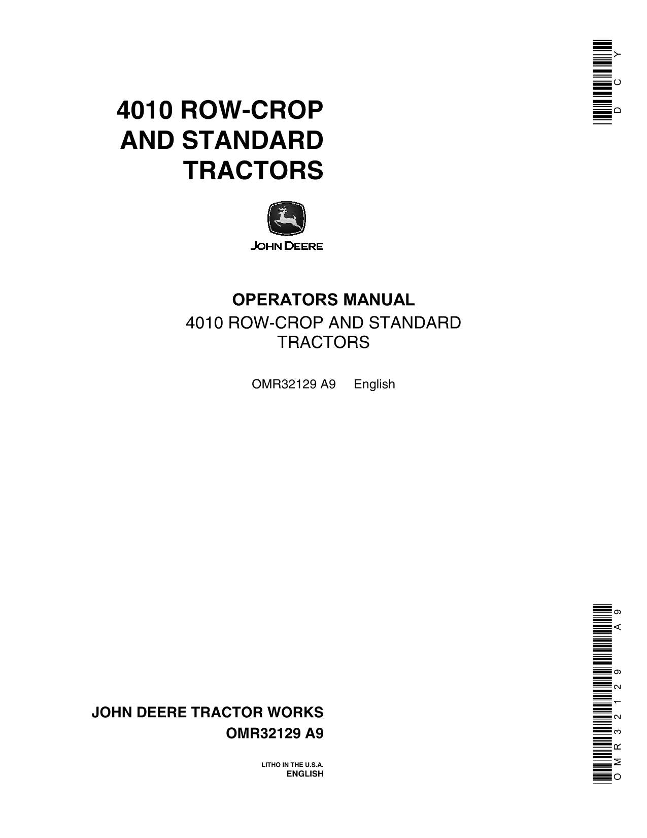 JOHN DEERE 4010 ROW CROP STANDARD TRACTOR OPERATORS MANUAL NORTH AMERICA