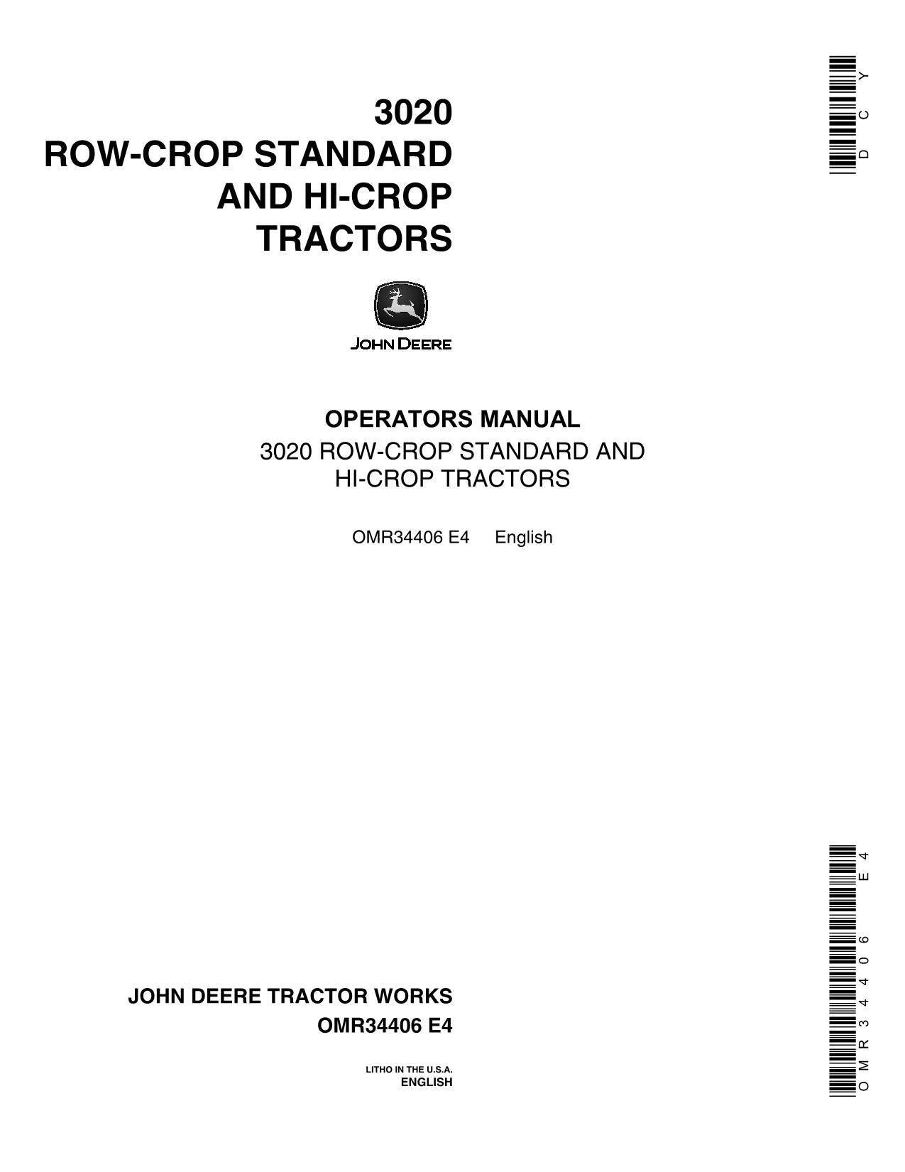 JOHN DEERE 3020 STANDARD HI-CROP TRACTOR OPERATORS MANUAL 0 - 122999