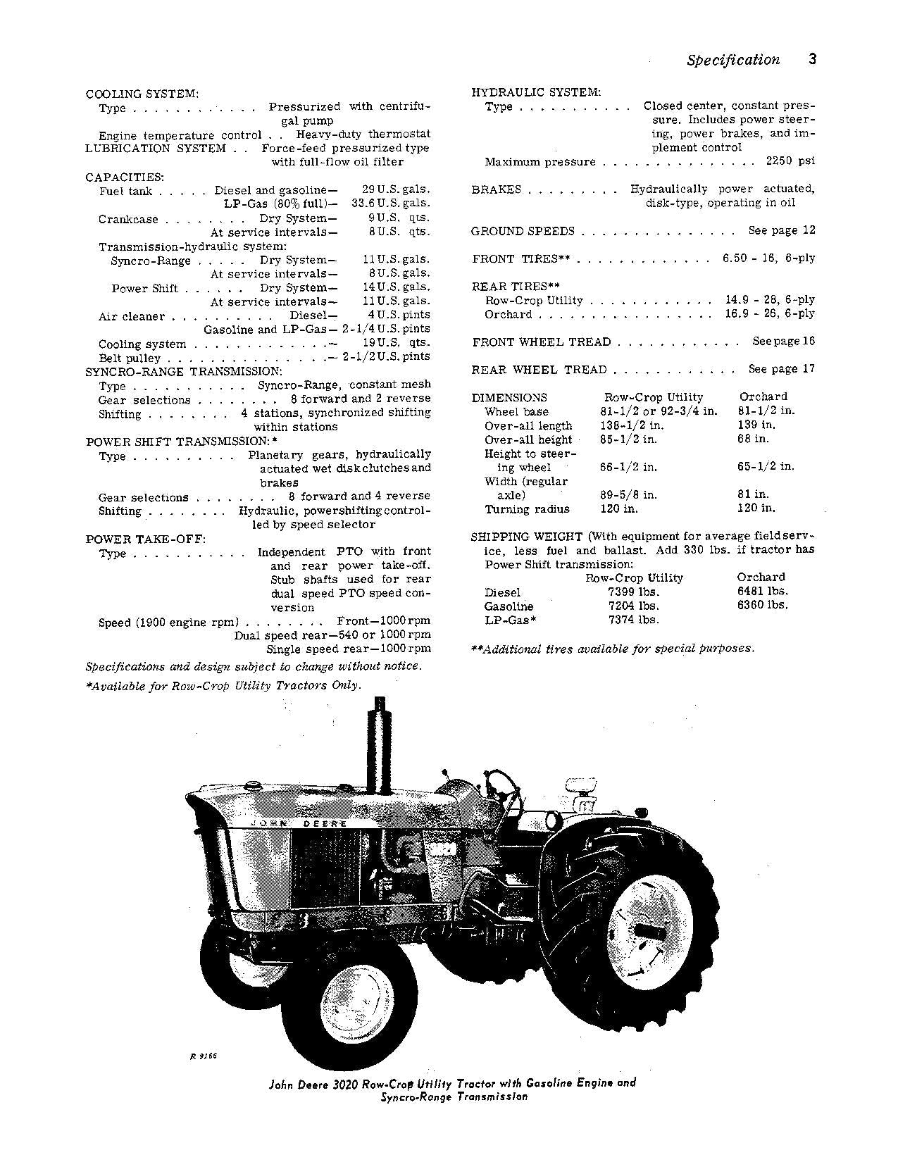 JOHN DEERE 3020 GROVE ORCHARD TRACTOR OPERATORS MANUAL SER 0-67999