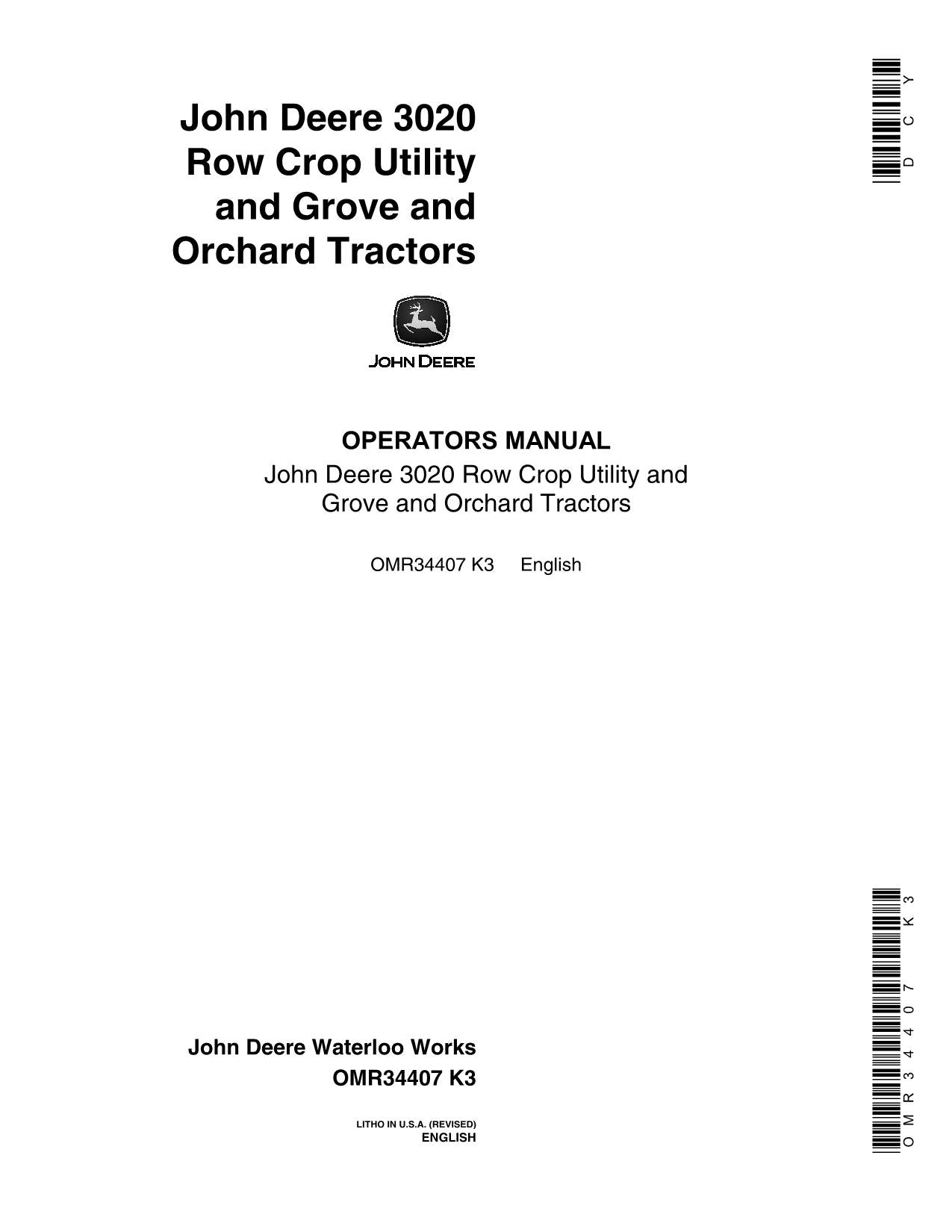 JOHN DEERE 3020 GROVE ORCHARD TRACTOR OPERATORS MANUAL SER 0-67999