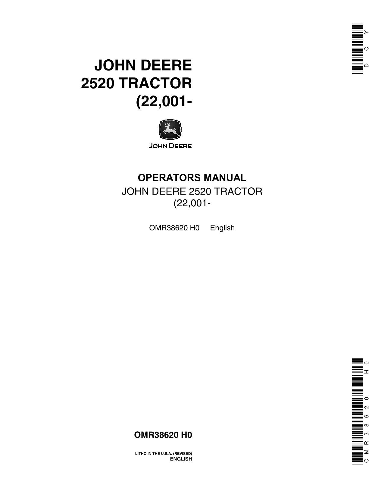 JOHN DEERE 2520 TRACTOR OPERATORS MANUAL SER 022001-