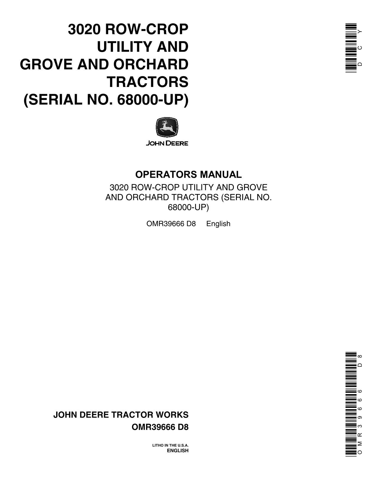 JOHN DEERE 3020 GROVE ORCHARD TRACTOR OPERATORS MANUAL 068000-