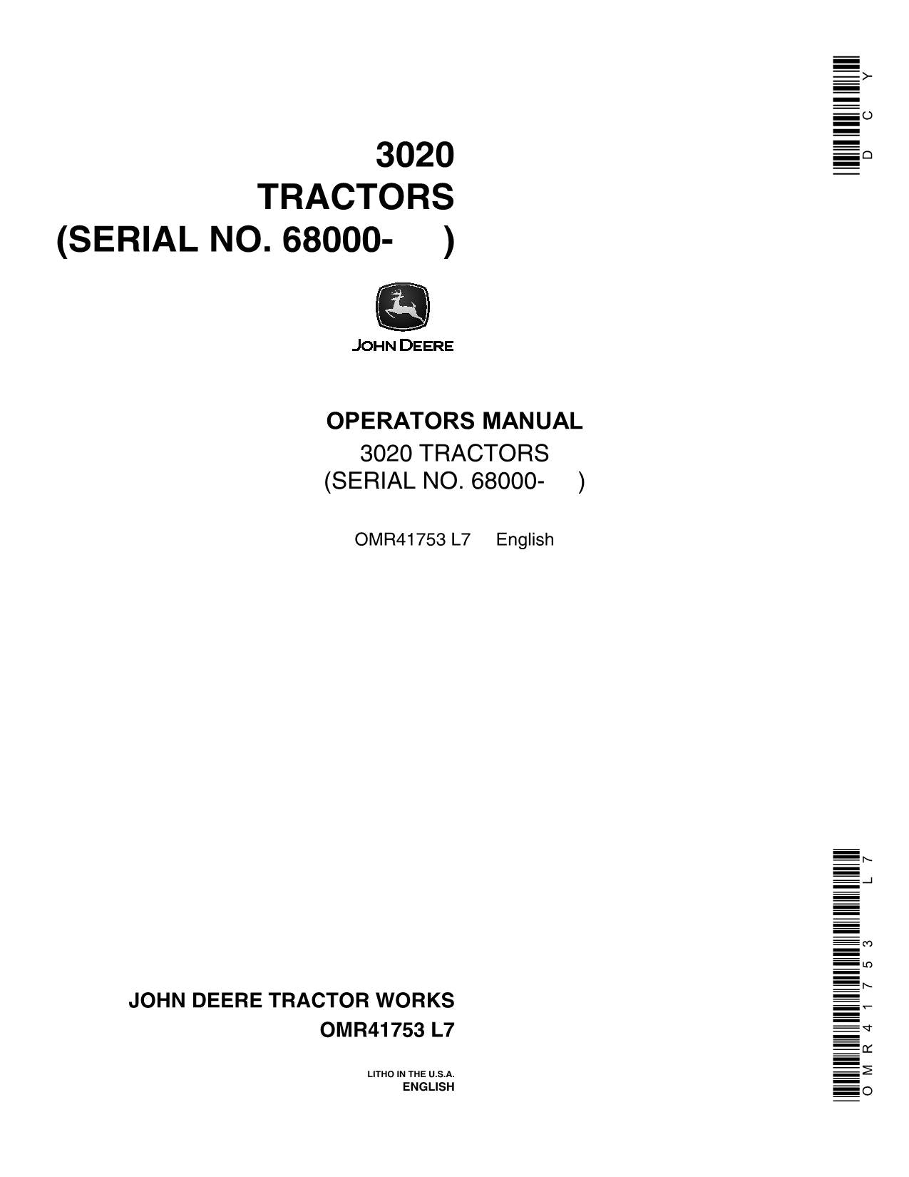 JOHN DEERE 3020 TRAKTOR BEDIENUNGSANLEITUNG 68000-150000