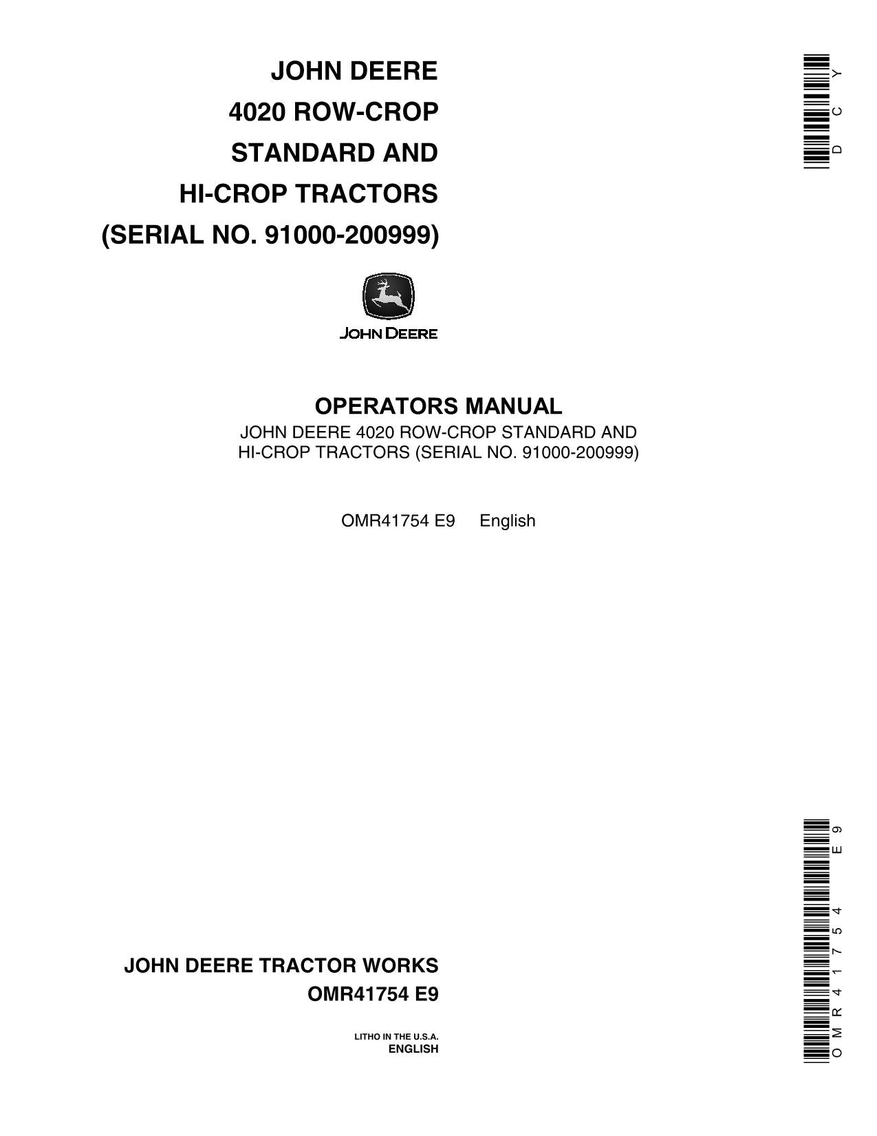 JOHN DEERE 4020 TRACTOR OPERATORS MANUAL 091000-200999