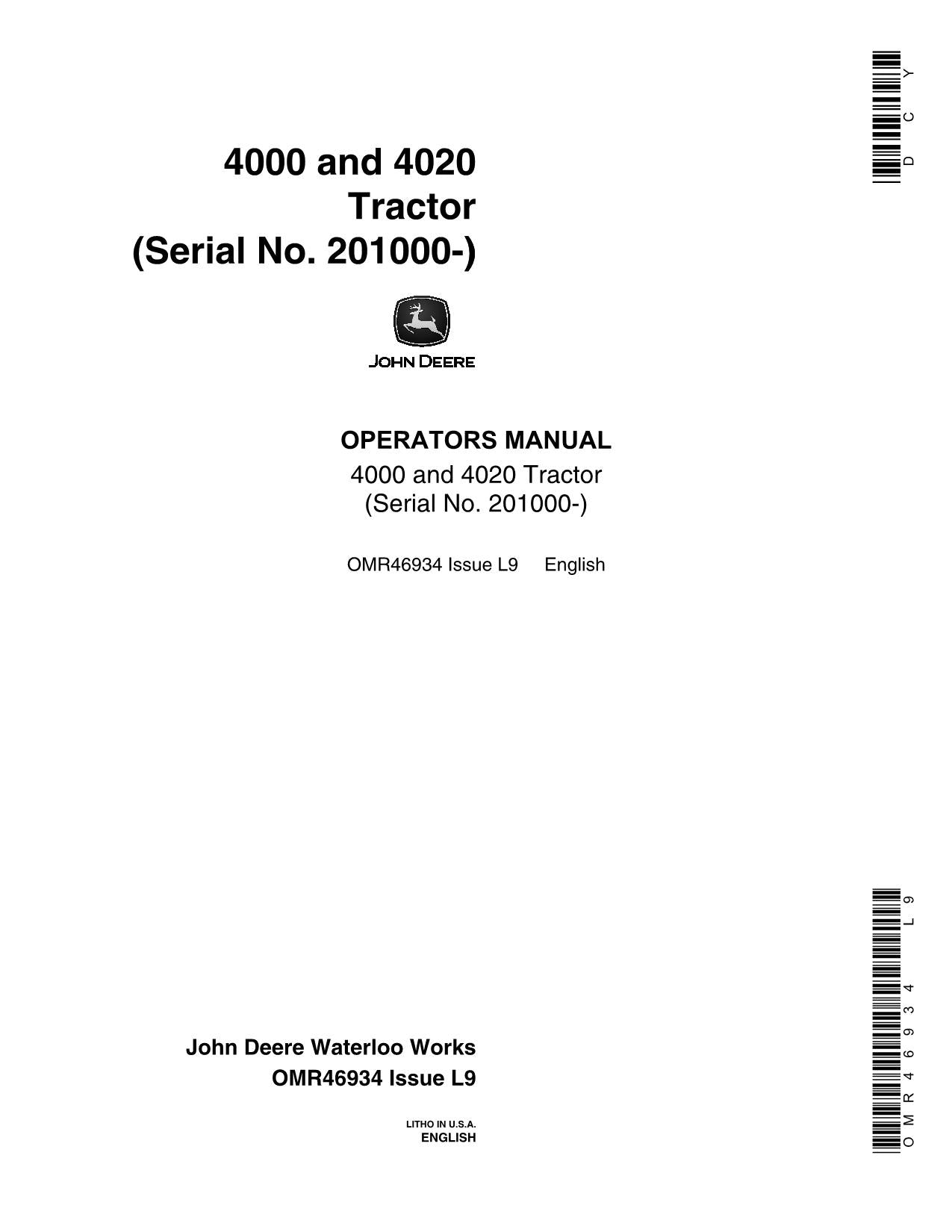 JOHN DEERE 4000  4020 TRACTOR OPERATORS MANUAL SER 201000-