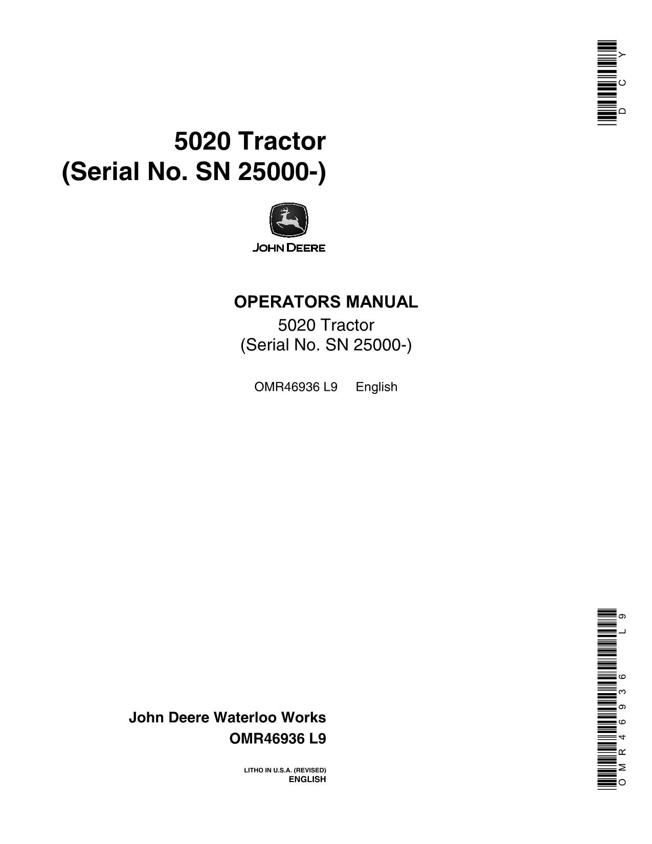 JOHN DEERE 5020 TRACTOR OPERATORS MANUAL 025000-030000