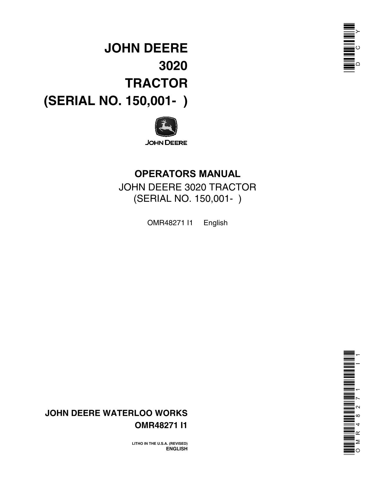 JOHN DEERE 3020 TRACTOR OPERATORS MANUAL SER 150001-