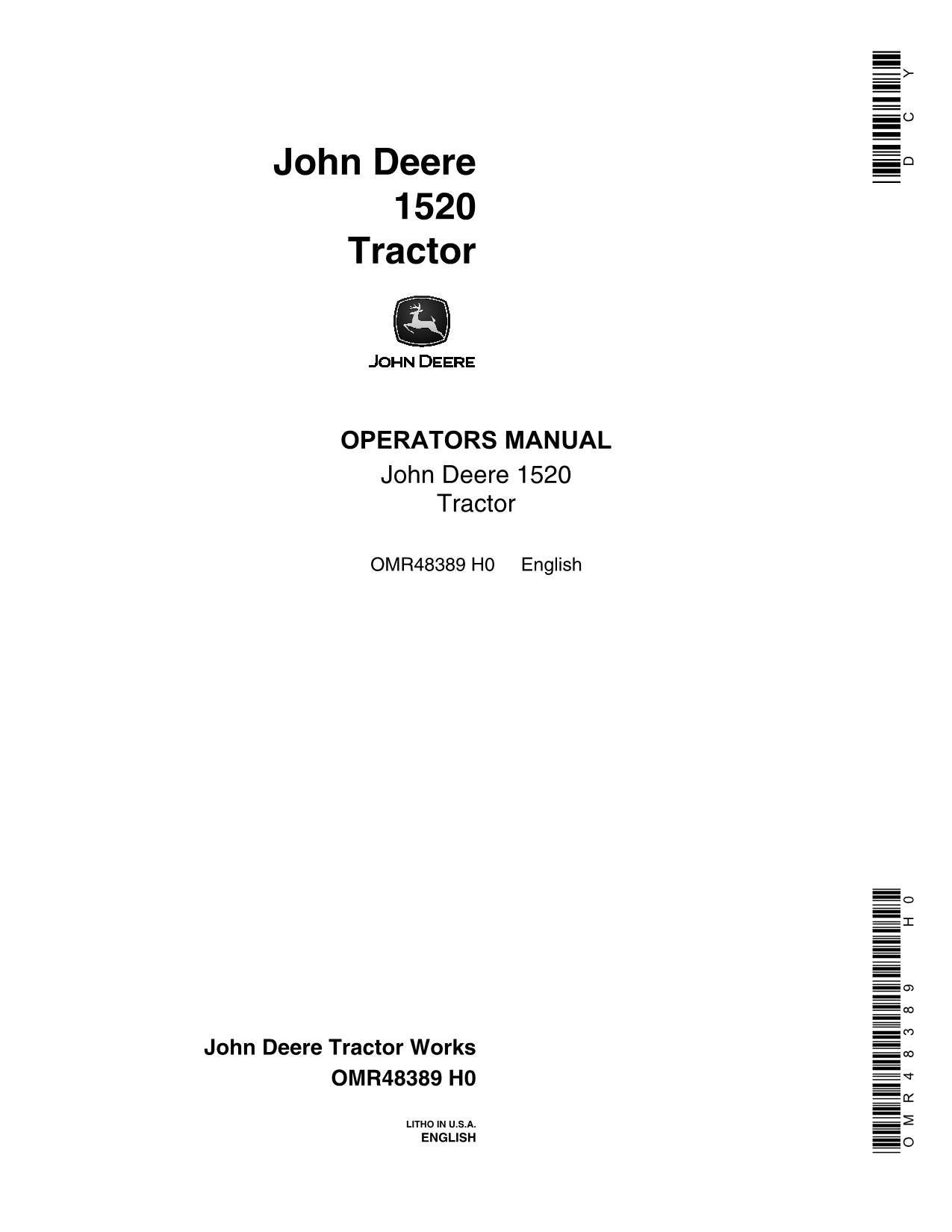 JOHN DEERE 1520 TRACTOR OPERATORS MANUAL SER 92963-