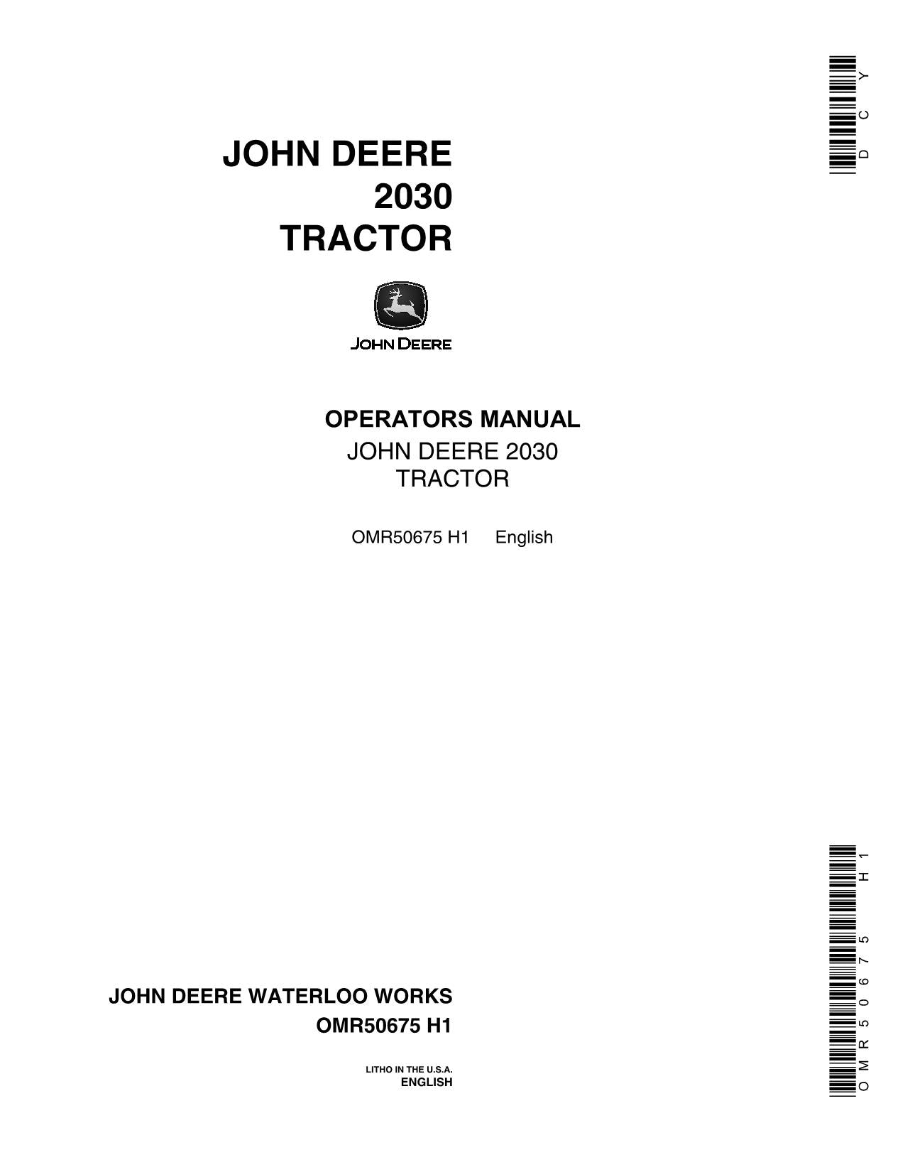 MANUEL D'UTILISATION DU TRACTEUR JOHN DEERE 2030 0-187300