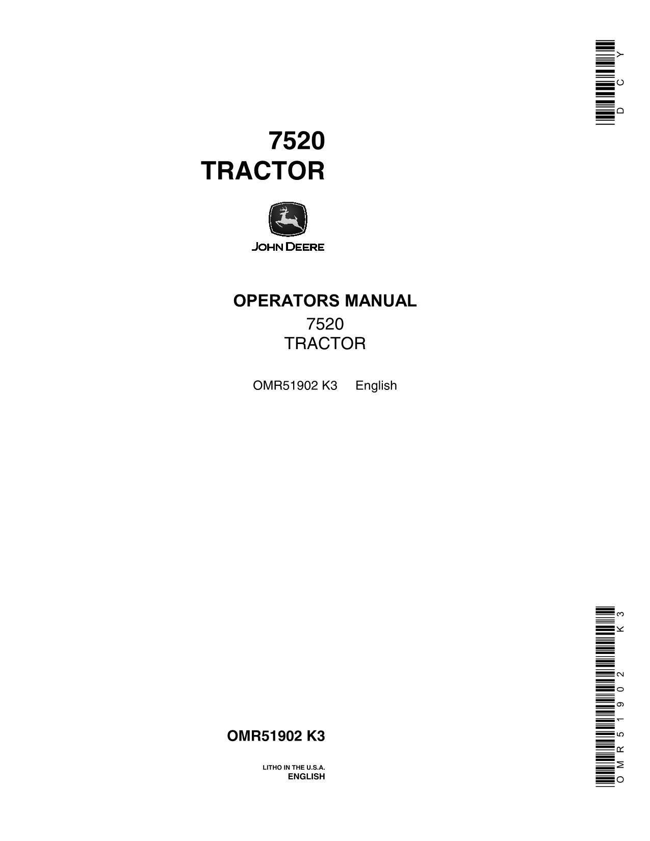 JOHN DEERE 7520 TRACTOR OPERATORS MANUAL