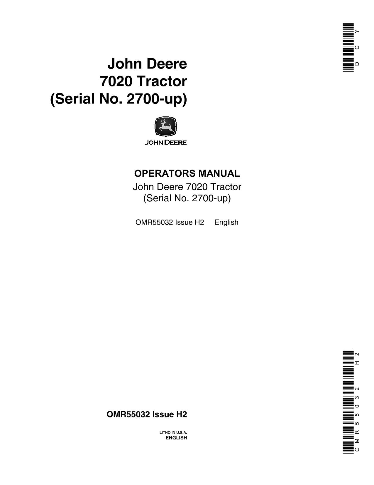 MANUEL D'UTILISATION DU TRACTEUR JOHN DEERE 7020 002700-