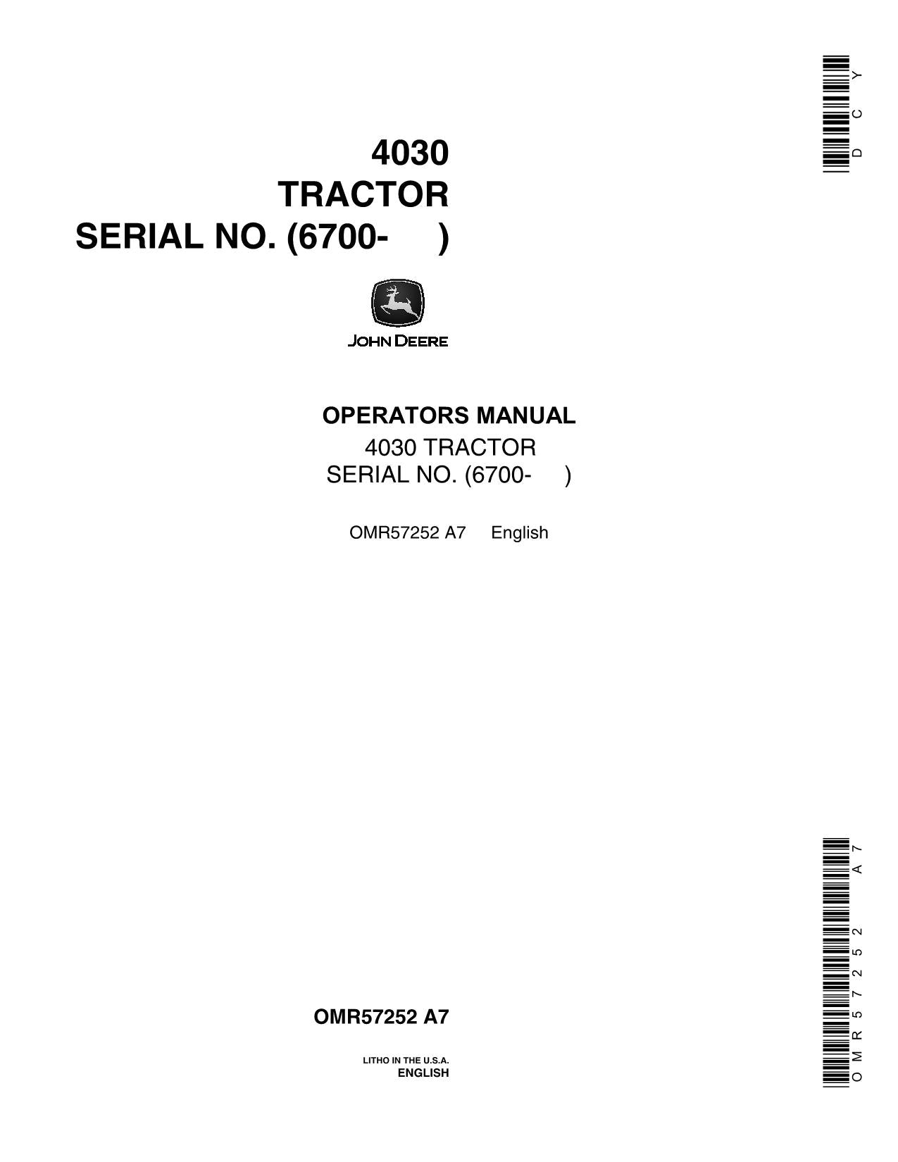 MANUEL D'UTILISATION DU TRACTEUR JOHN DEERE 4030 006700-