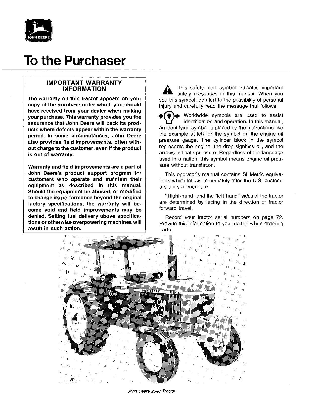 JOHN DEERE 2440 2640 TRAKTOR BEDIENUNGSANLEITUNG 0-340999