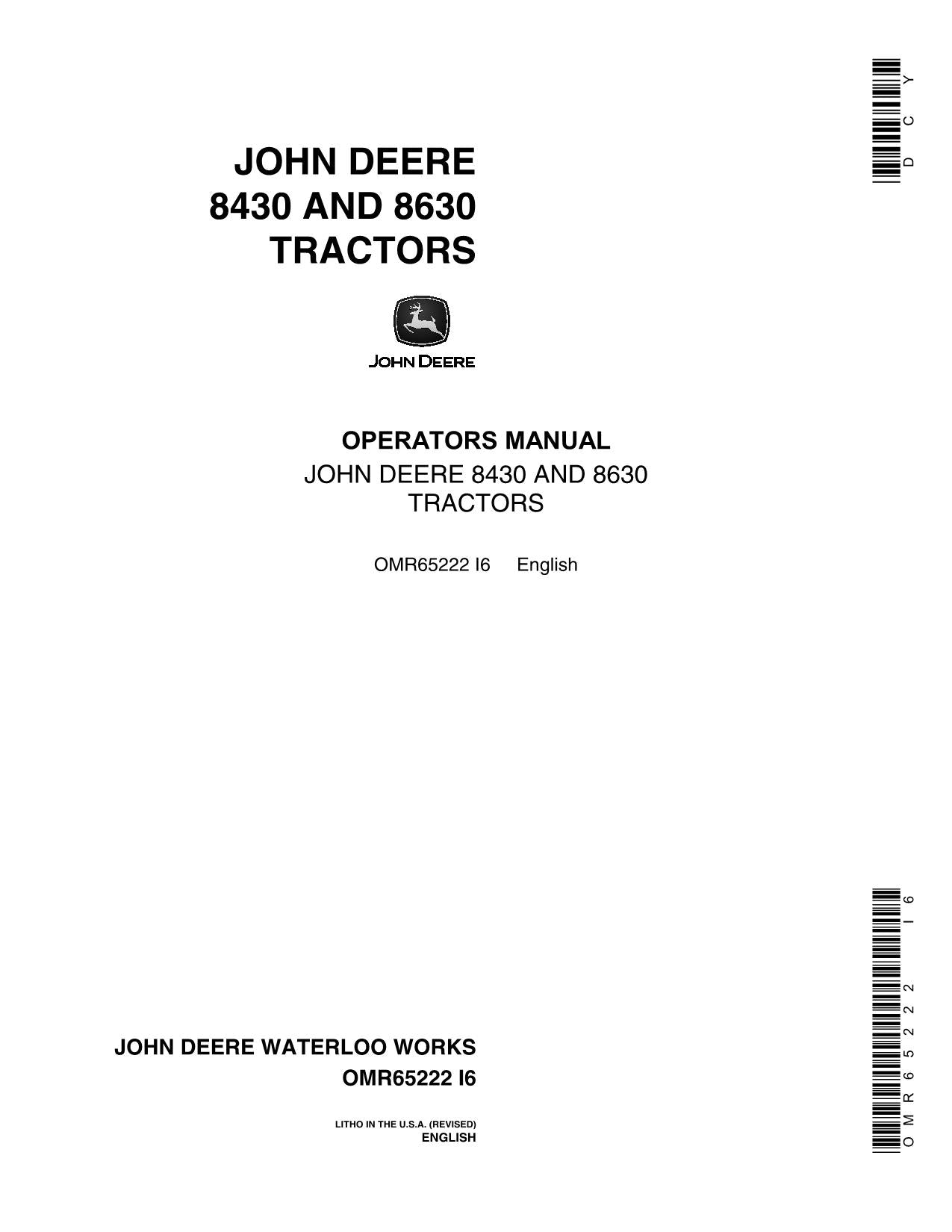 JOHN DEERE 8430 8630 TRACTOR OPERATORS MANUAL 1000 - 5927  1000-008117