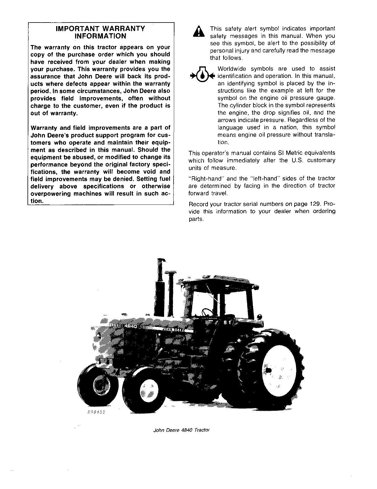 JOHN DEERE 4640 4840 TRACTOR OPERATORS MANUAL