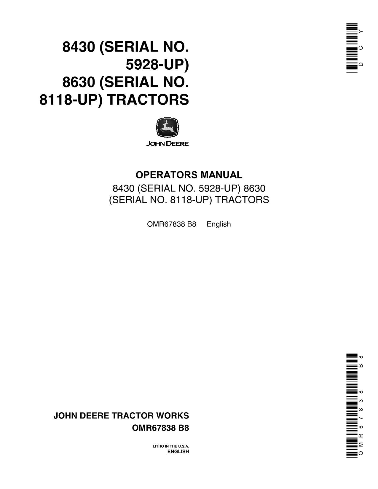 JOHN DEERE 8430 8630 TRACTOR OPERATORS MANUAL 059280-,008118-