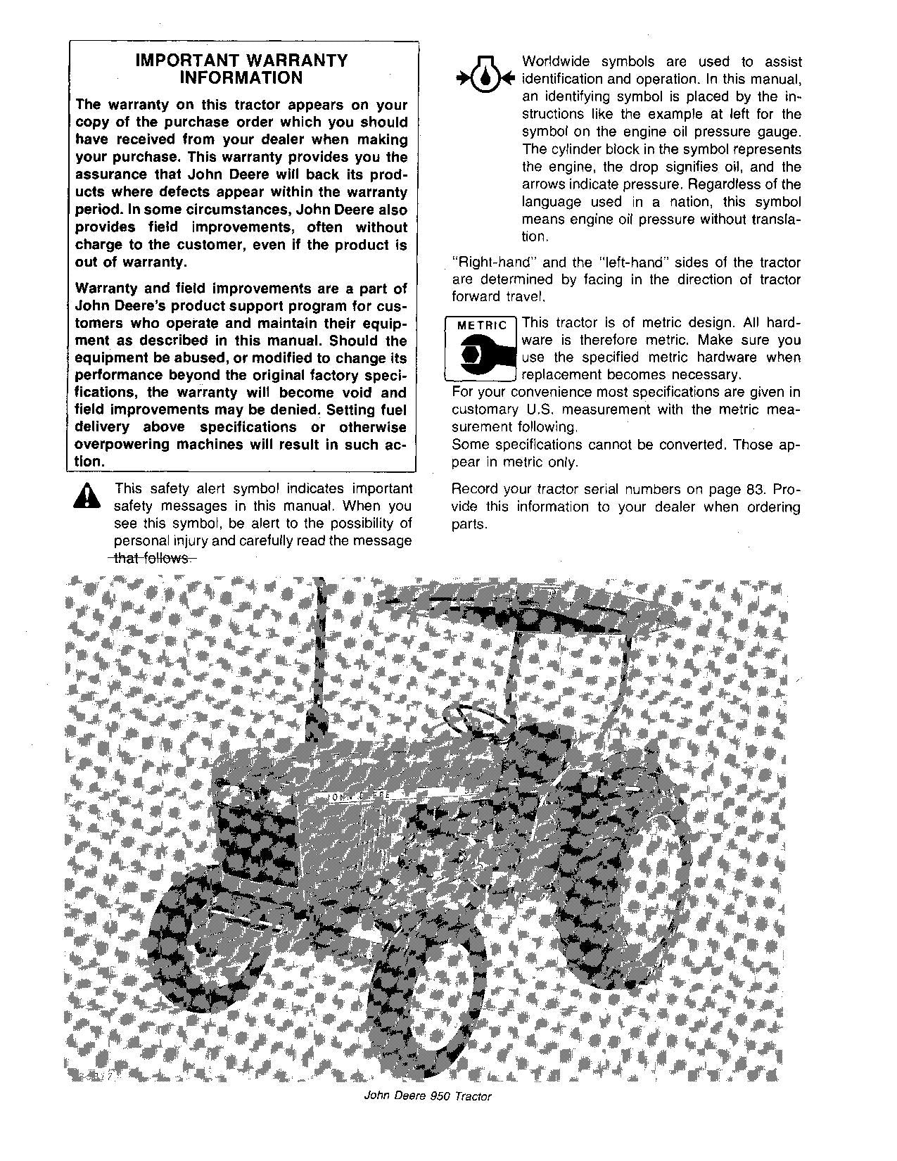 MANUEL D'UTILISATION DU TRACTEUR JOHN DEERE 850 950 0-009000,000000-012000