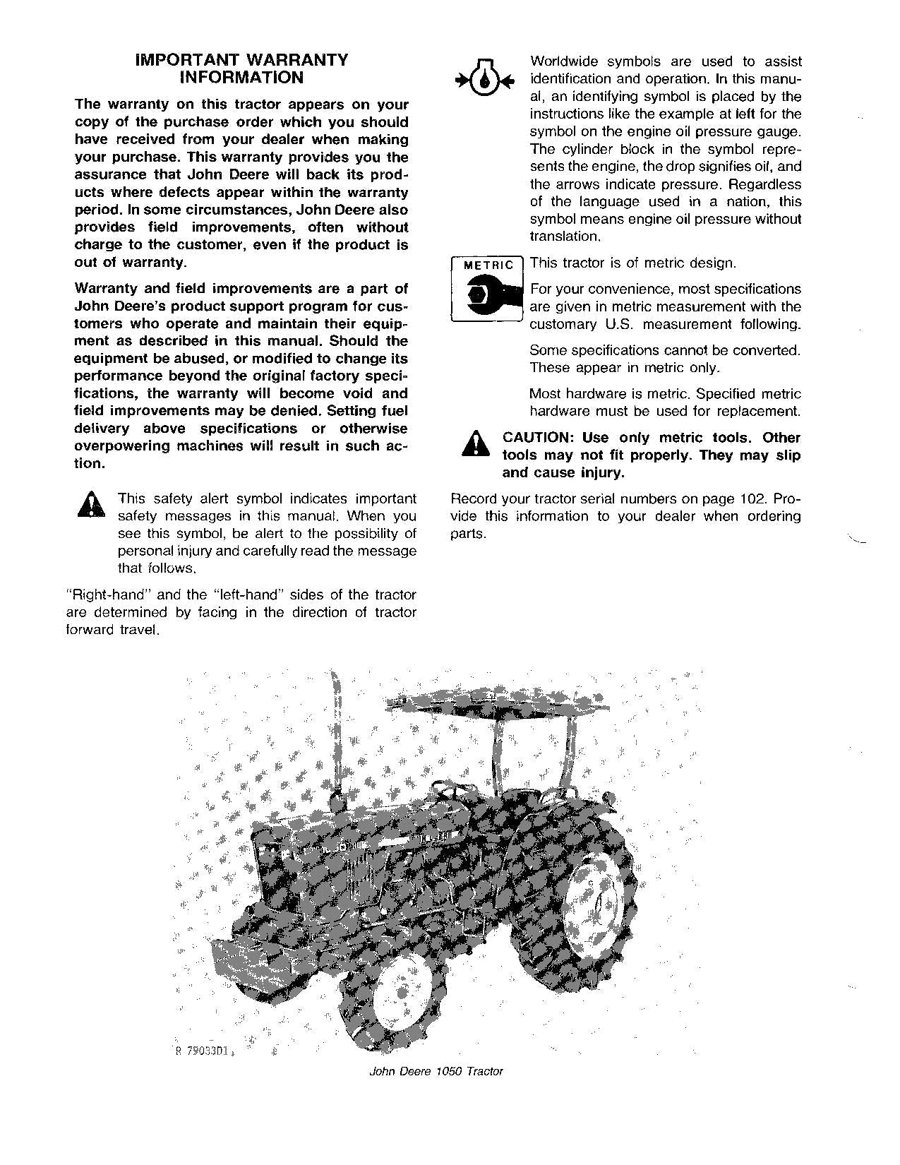 MANUEL D'UTILISATION DU TRACTEUR JOHN DEERE 1050