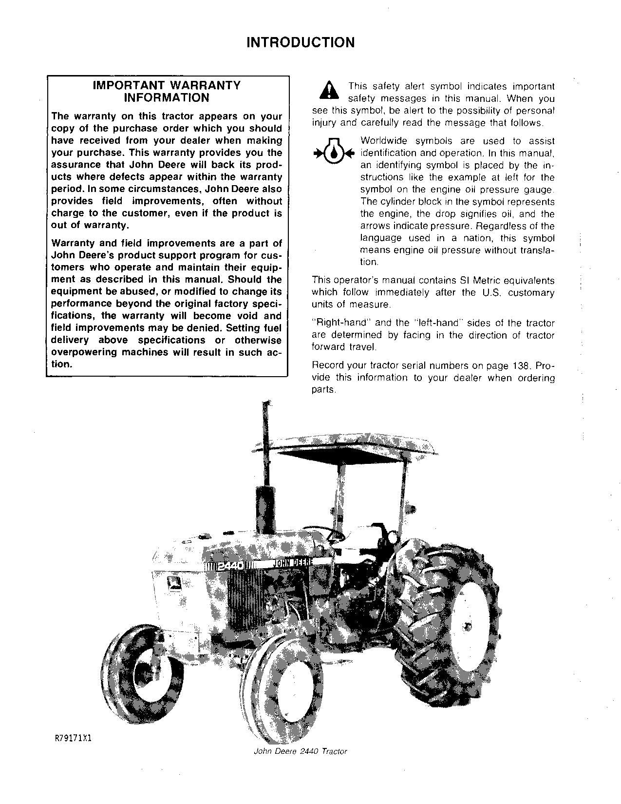 JOHN DEERE 2440 2640 TRACTOR OPERATORS MANUAL 341000-