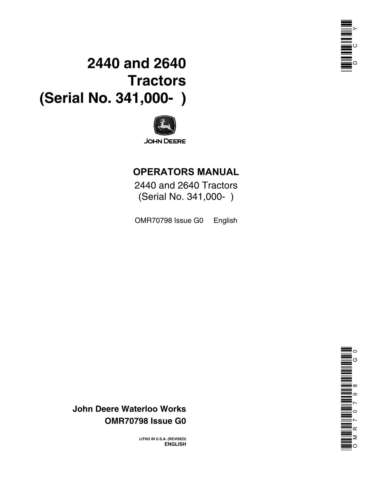 JOHN DEERE 2440 2640 TRACTOR OPERATORS MANUAL 341000-