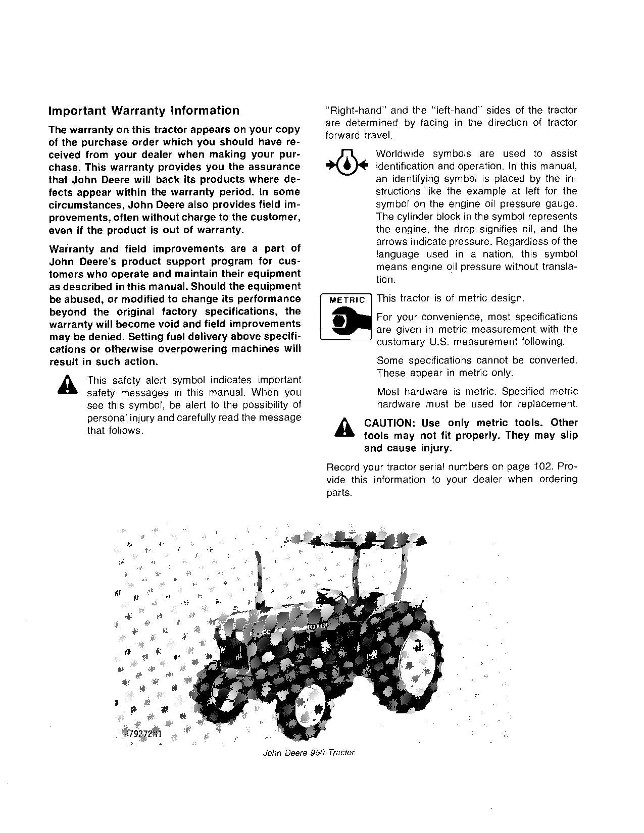 JOHN DEERE 850  950 TRACTOR OPERATORS MANUAL 009001-016000,012001-020000