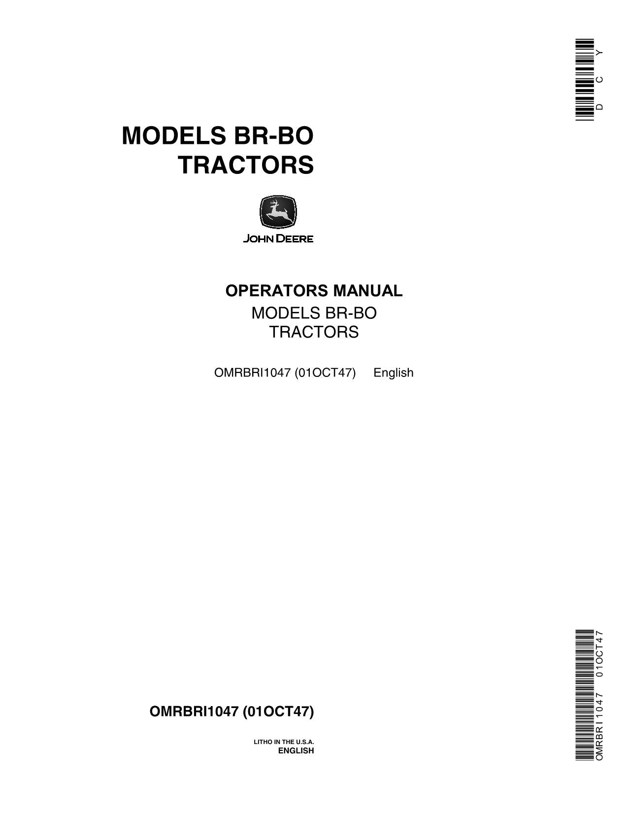 JOHN DEERE BR BO TRACTOR OPERATORS MANUAL