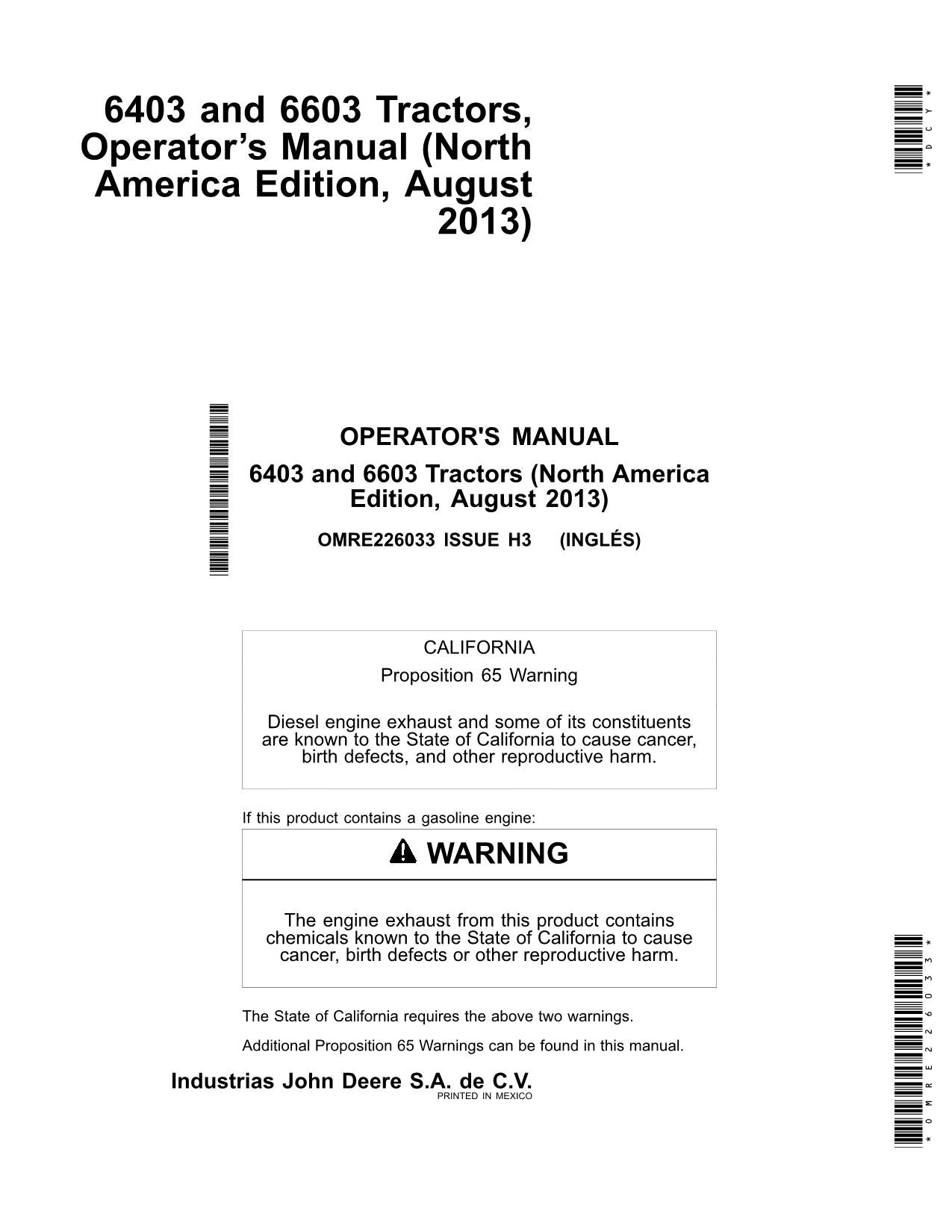 JOHN DEERE 6403 6603 TRACTOR OPERATORS MANUAL