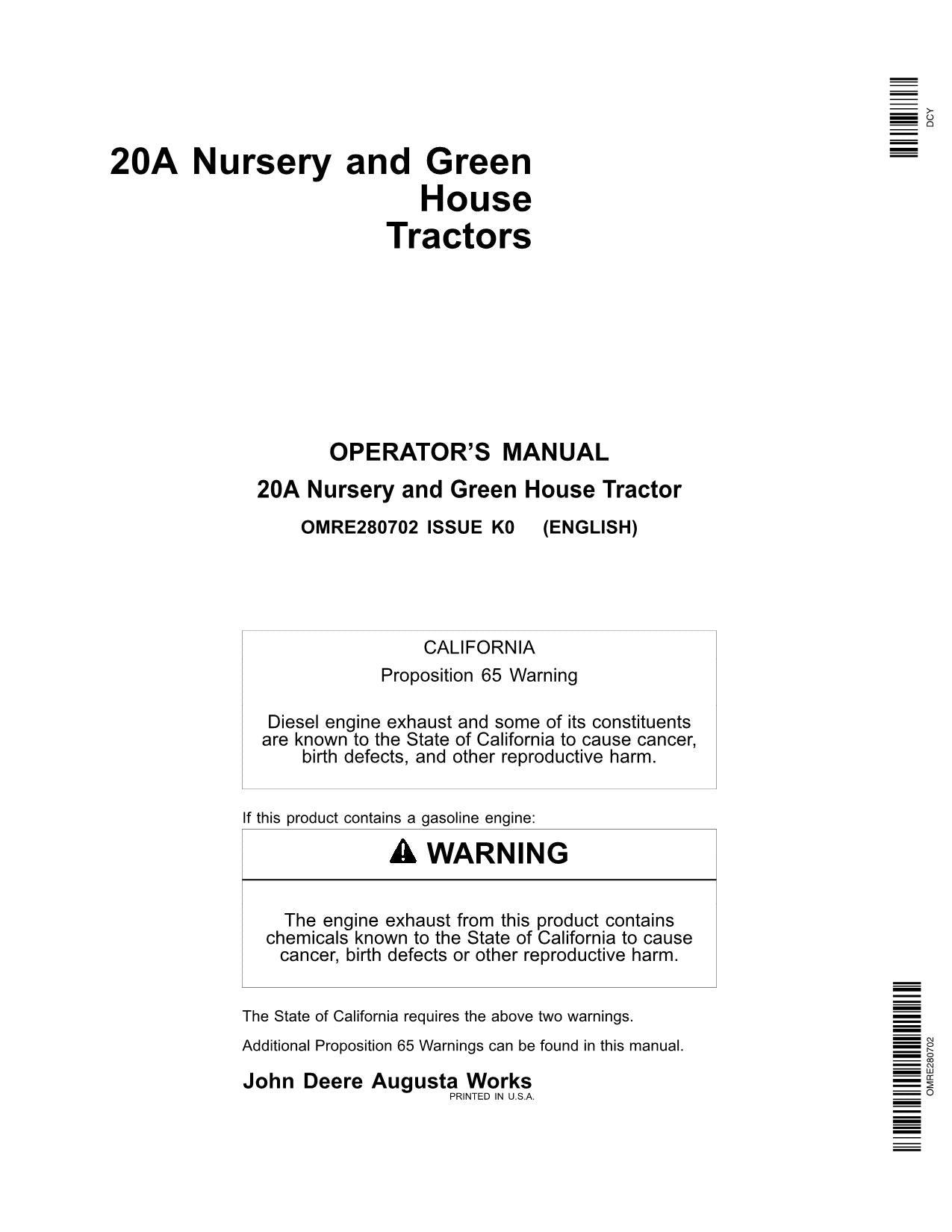 JOHN DEERE 20A TRACTOR OPERATORS MANUAL