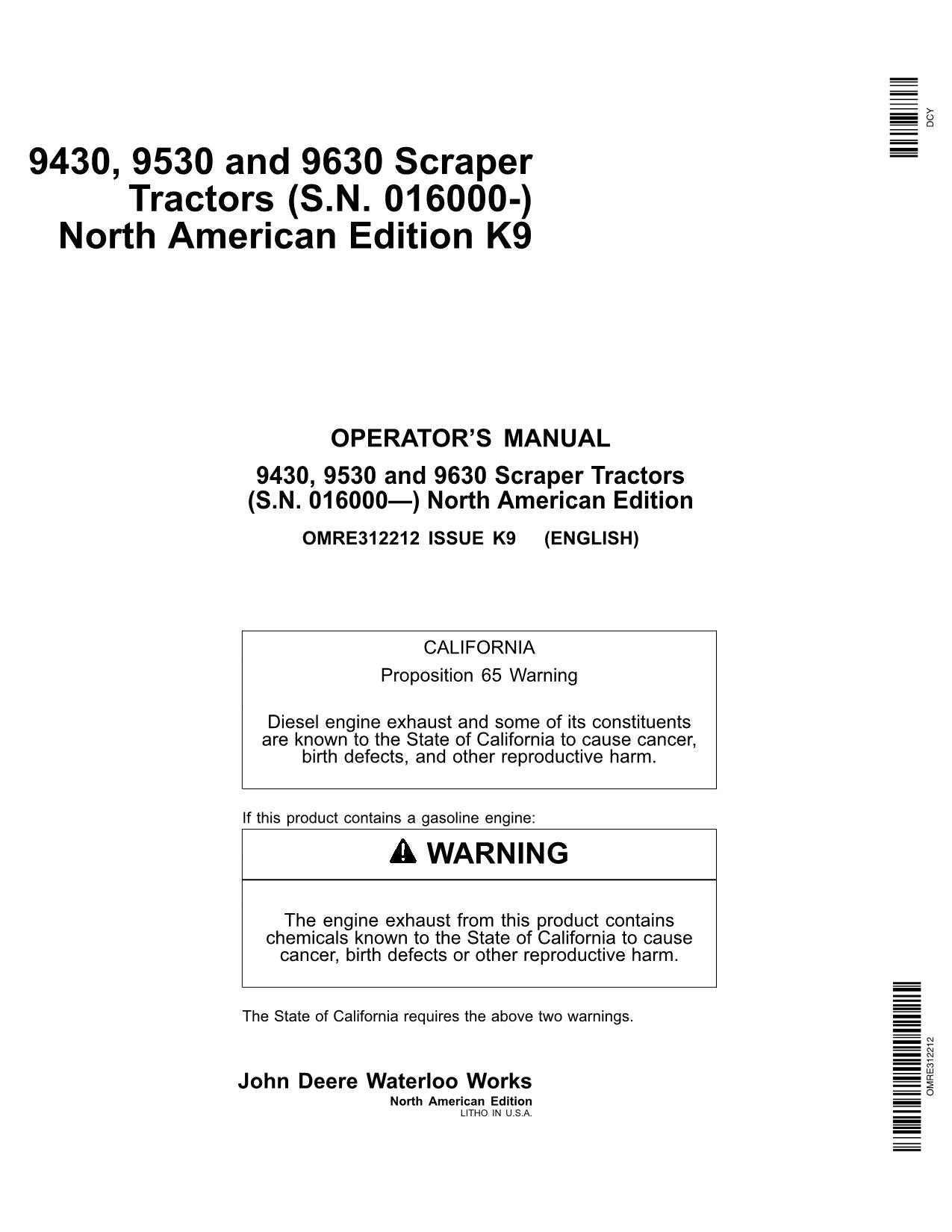 JOHN DEERE 9430 9530 9630 TRACTOR OPERATORS MANUAL 016000-021999