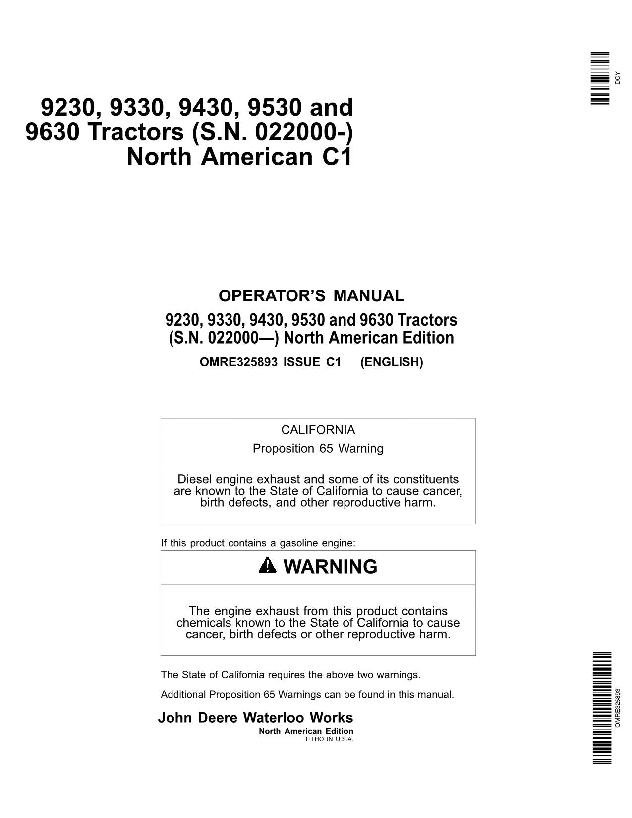 JOHN DEERE 9230 9330 9430 9530 9630 TRACTOR OPERATORS MANUAL 022000-