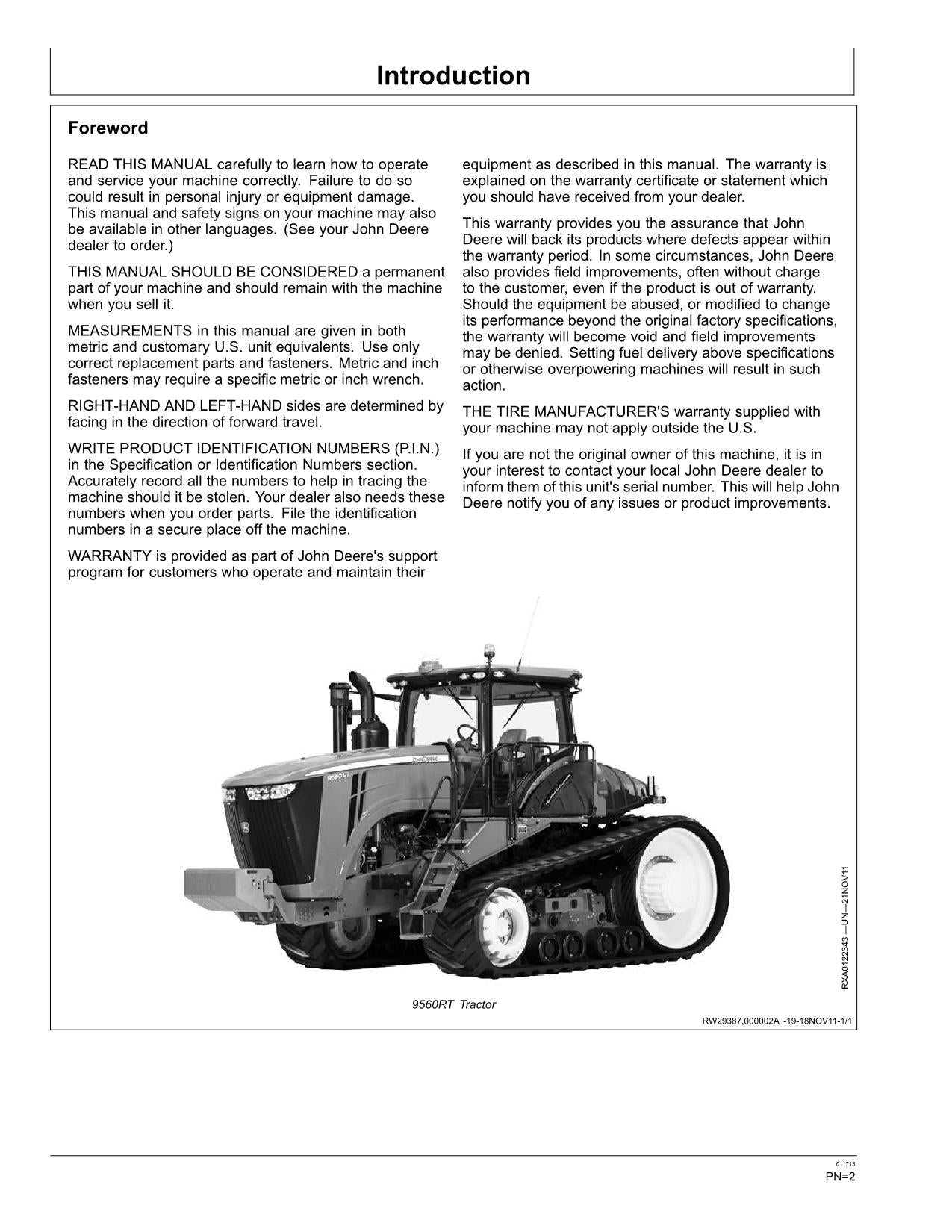 JOHN DEERE 9460RT 9510RT 9560RT TRAKTOR-BETRIEBSHANDBUCH, NORDAMERIKANISCHE AUSGABE