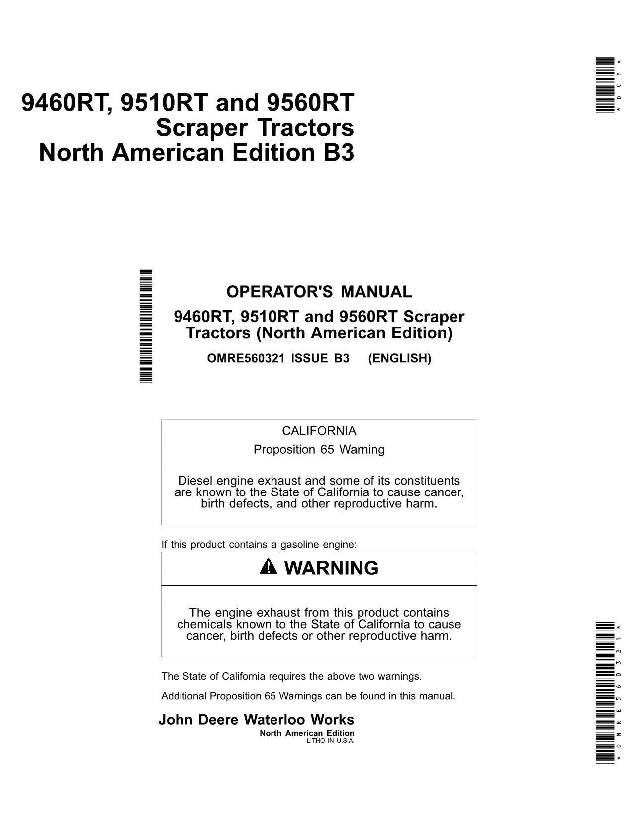 JOHN DEERE 9460RT 9510RT 9560RT TRAKTOR-BETRIEBSHANDBUCH NORDAMERIKA