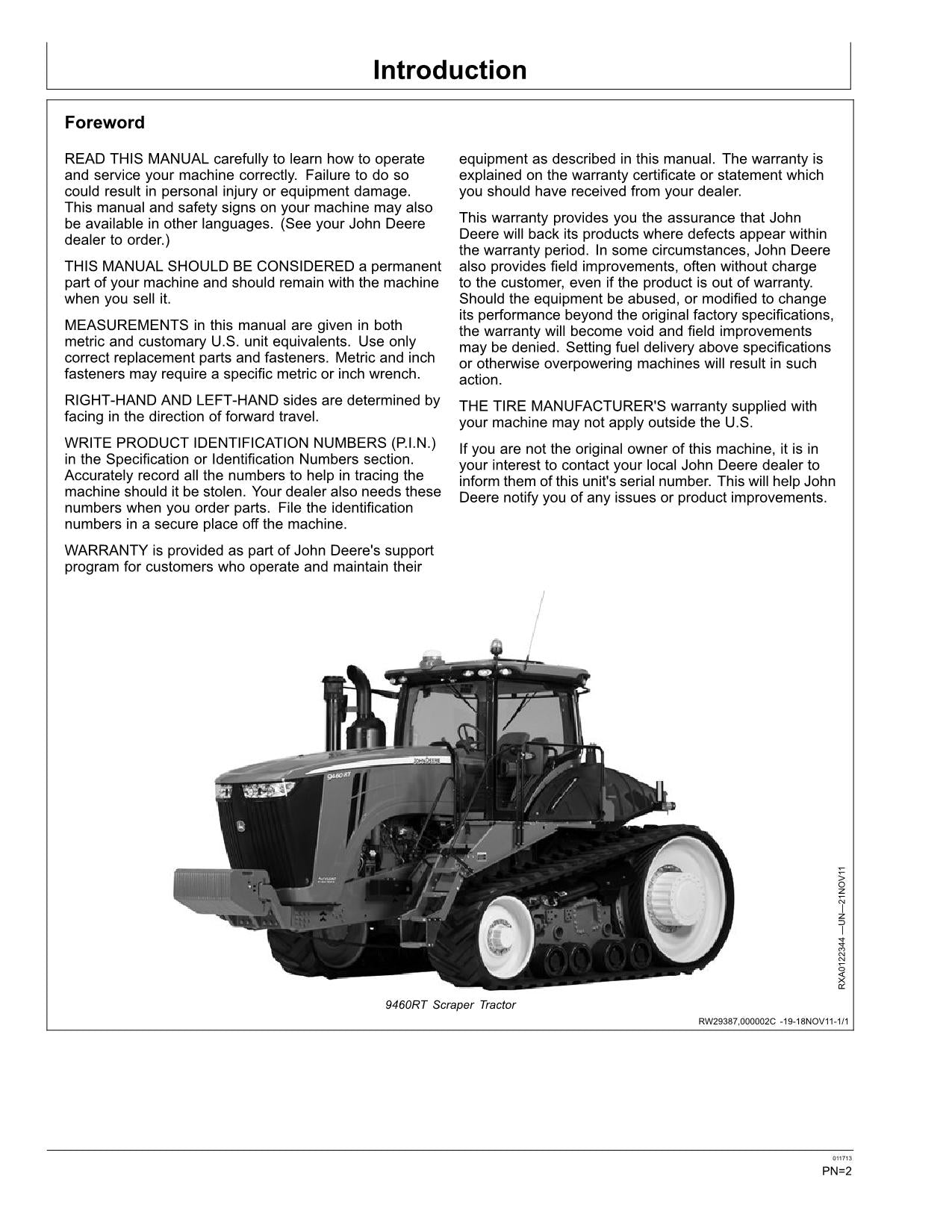 JOHN DEERE 9460RT 9510RT 9560RT TRAKTOR-BETRIEBSHANDBUCH NORDAMERIKA