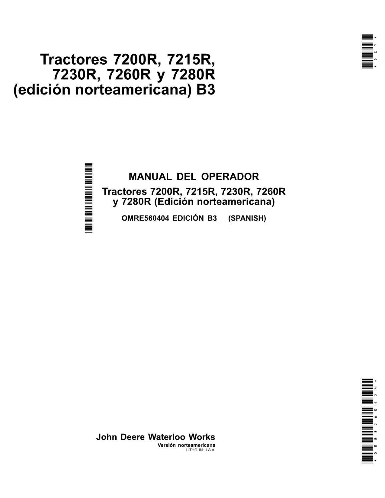 JOHN DEERE 7215R 7200R 7230R 7260R 7280R TRACTOR OPERATORS MANUAL Spanish