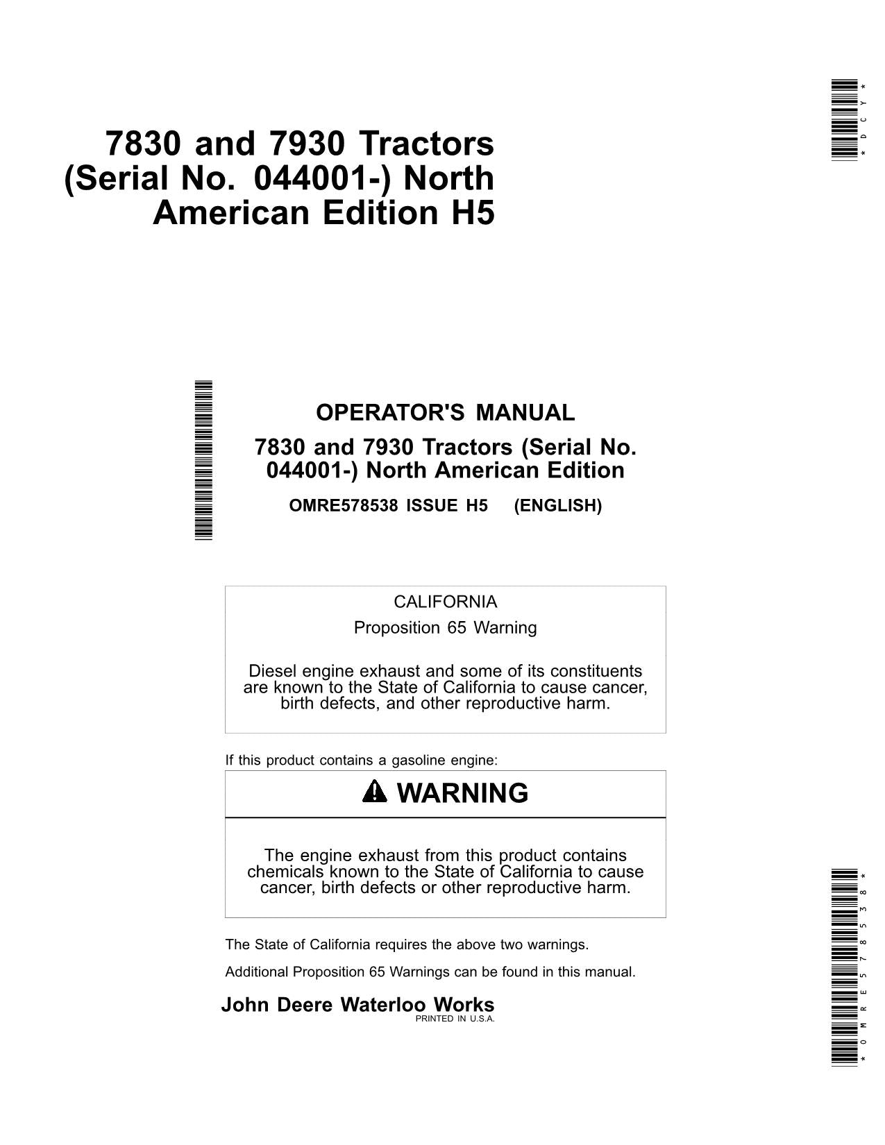 JOHN DEERE 7830 7930 TRACTOR OPERATORS MANUAL 044001-