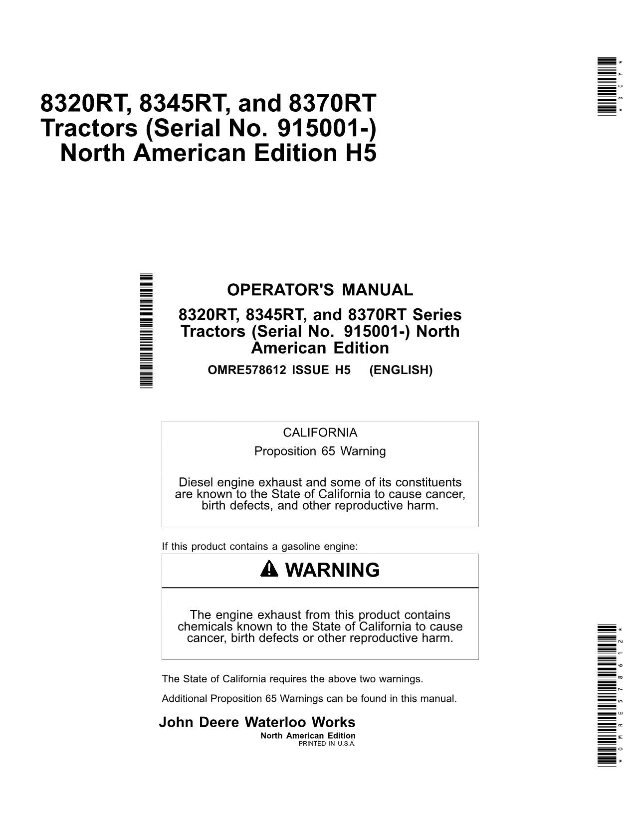 JOHN DEERE 8345RT 8370RT 8320RT TRACTOR OPERATORS MANUAL