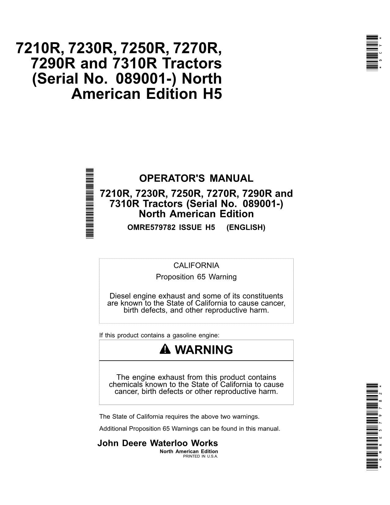 JOHN DEERE 7210R 7230R 7250R 7270R 7290R 7310R TRACTOR OPERATORS MANUAL 089001-