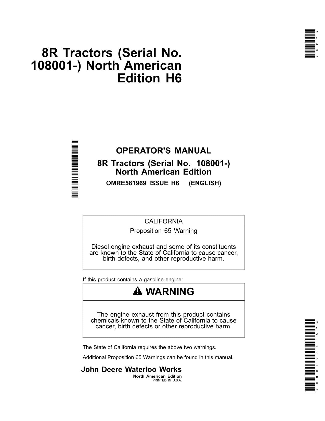 JOHN DEERE 8245R  8295R  8320R  8335R  8345R TRACTOR OPERATORS MANUAL