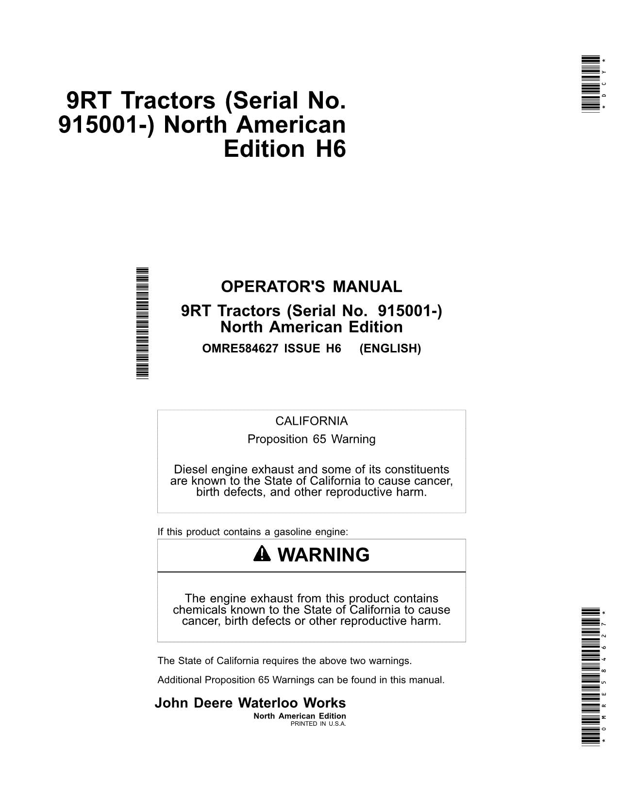 JOHN DEERE 9470RT 9520RT 9570RT TRACTOR OPERATORS MANUAL 915001-