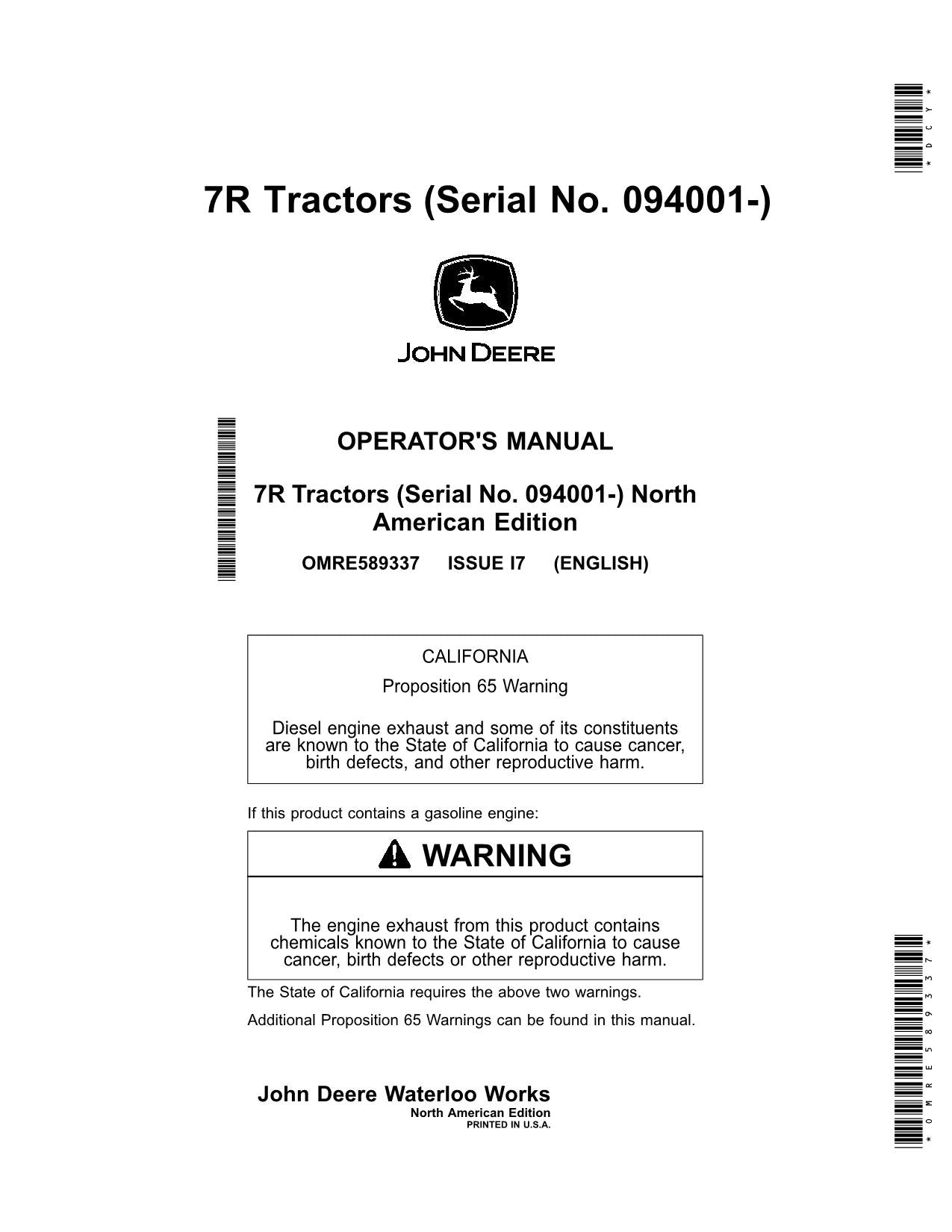 MANUEL D'UTILISATION DU TRACTEUR JOHN DEERE 7210R 7230R 7250R 7270R 7290R 7310R