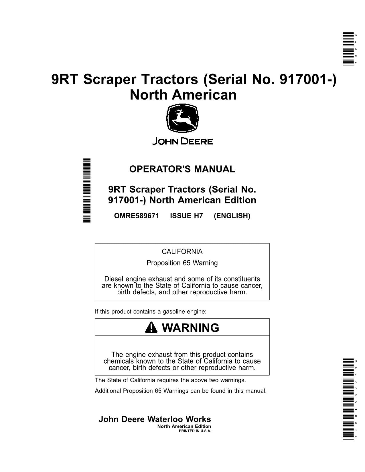 JOHN DEERE 9470RT 9520RT TRACTOR OPERATORS MANUAL 917001- North America