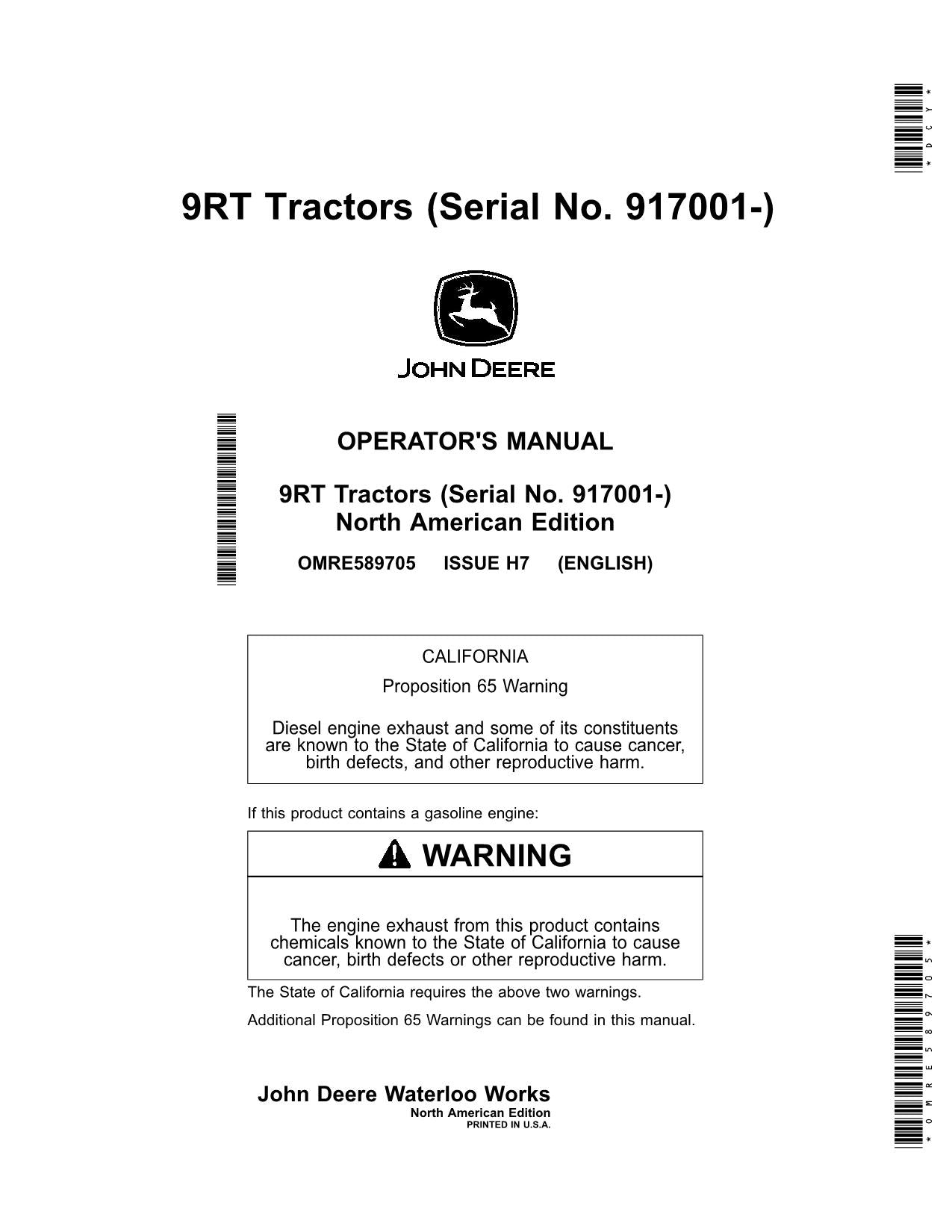 JOHN DEERE 9470RT 9520RT 9570RT TRACTOR OPERATORS MANUAL  917001-